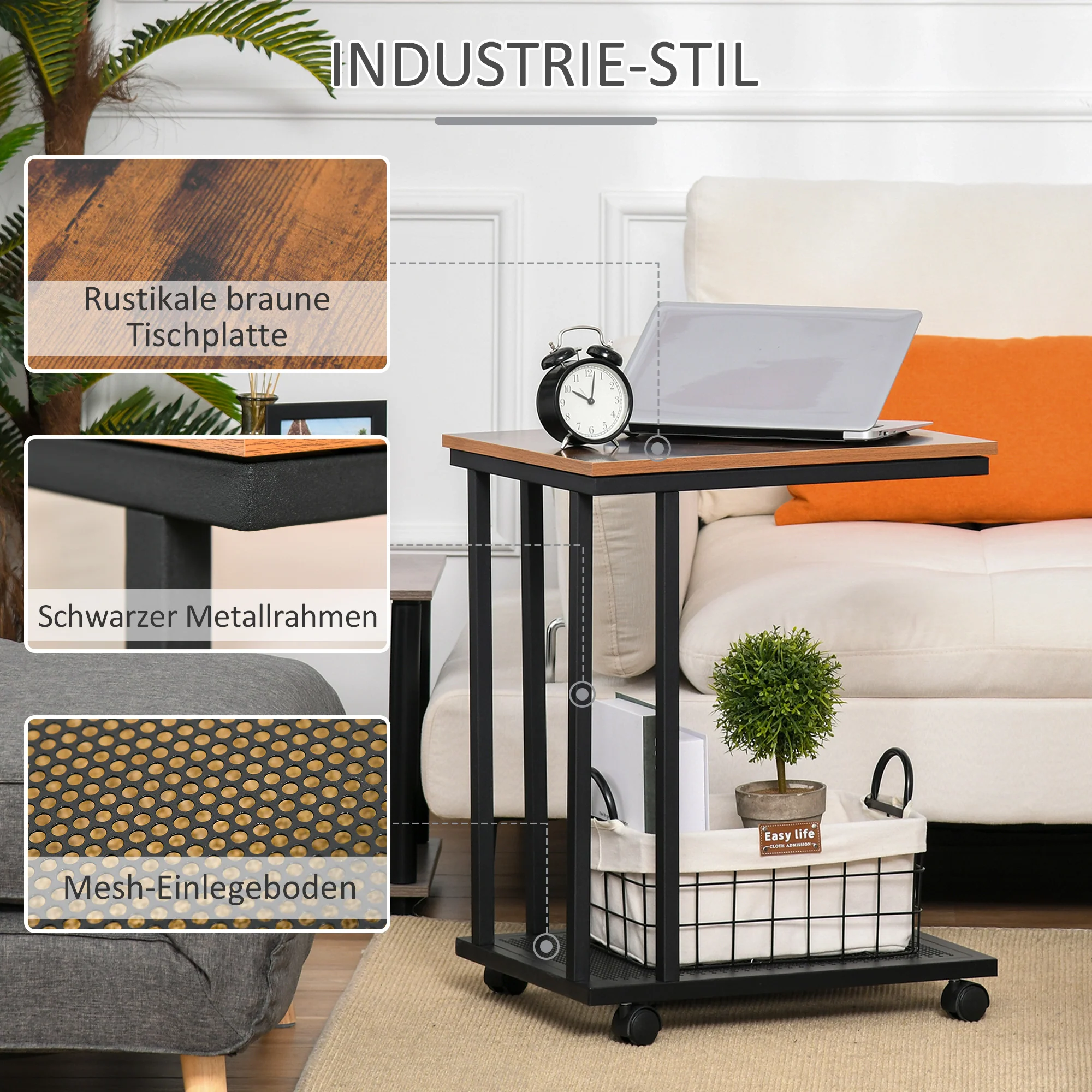 Side Table C-Shaped Rolling Serving Cart Wood Metal Black Walnut - Image 4