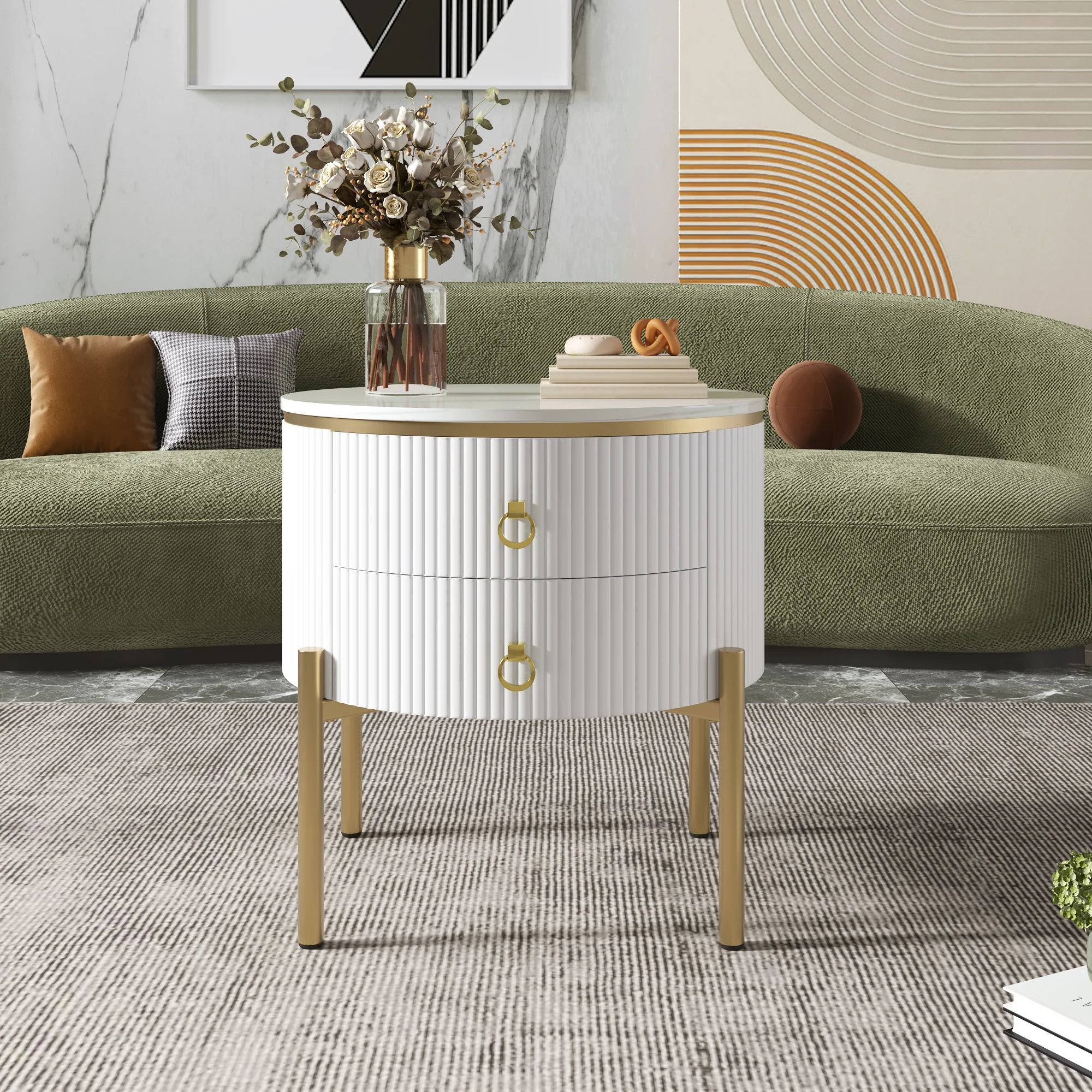 Side Table Coffee Table with Drawers, Adjustable, Gold Legs and Handles, Marble Texture - Image 2