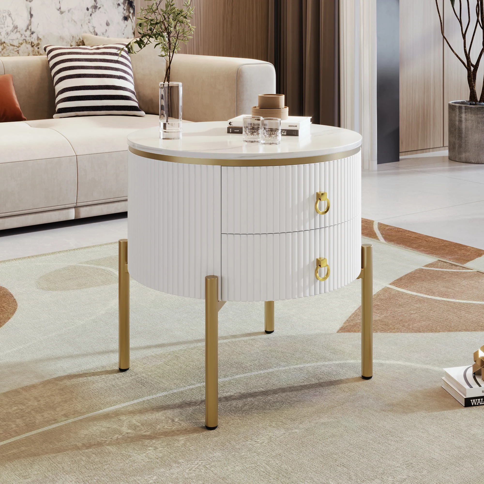 Side Table Coffee Table with Drawers, Adjustable, Gold Legs and Handles, Marble Texture - Image 5