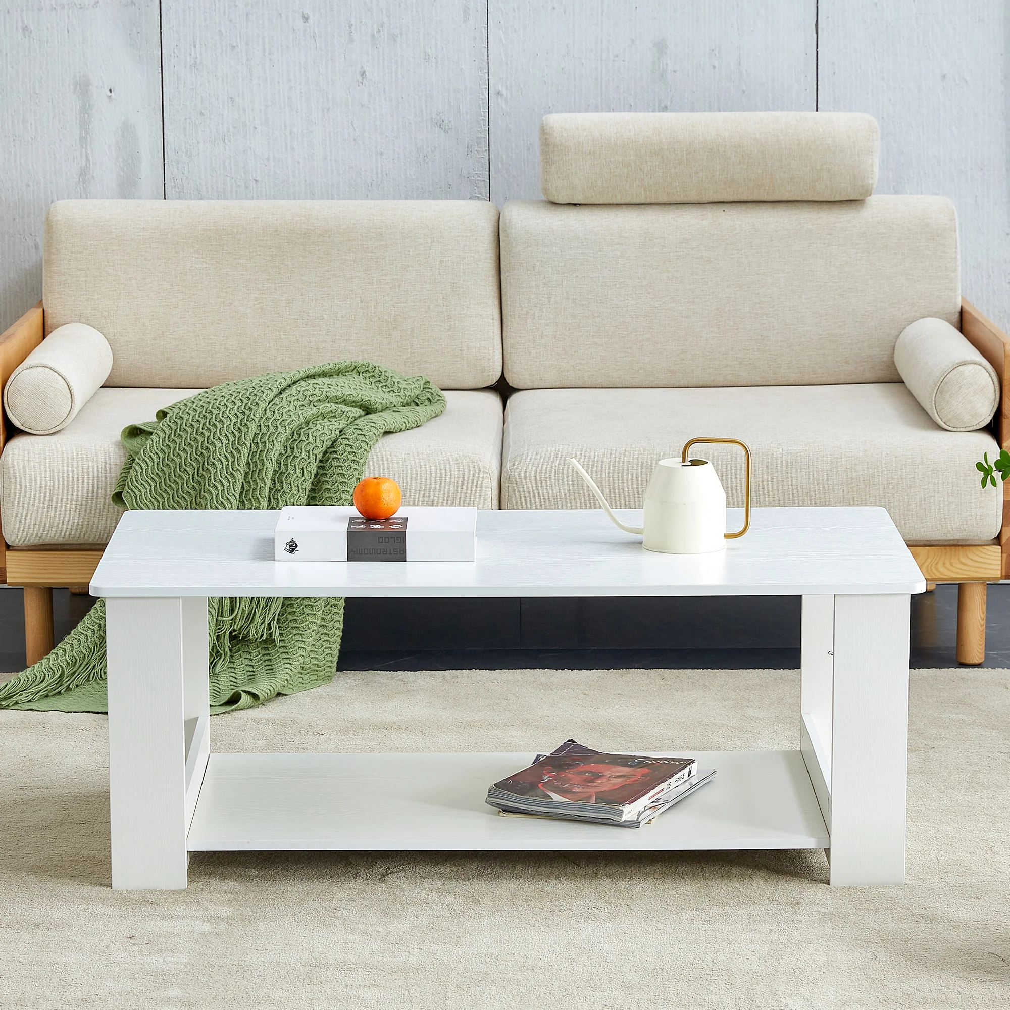 Side Table Modern Simple 110x55x42cm 2-Tier Storage White Wood Grain - Image 2