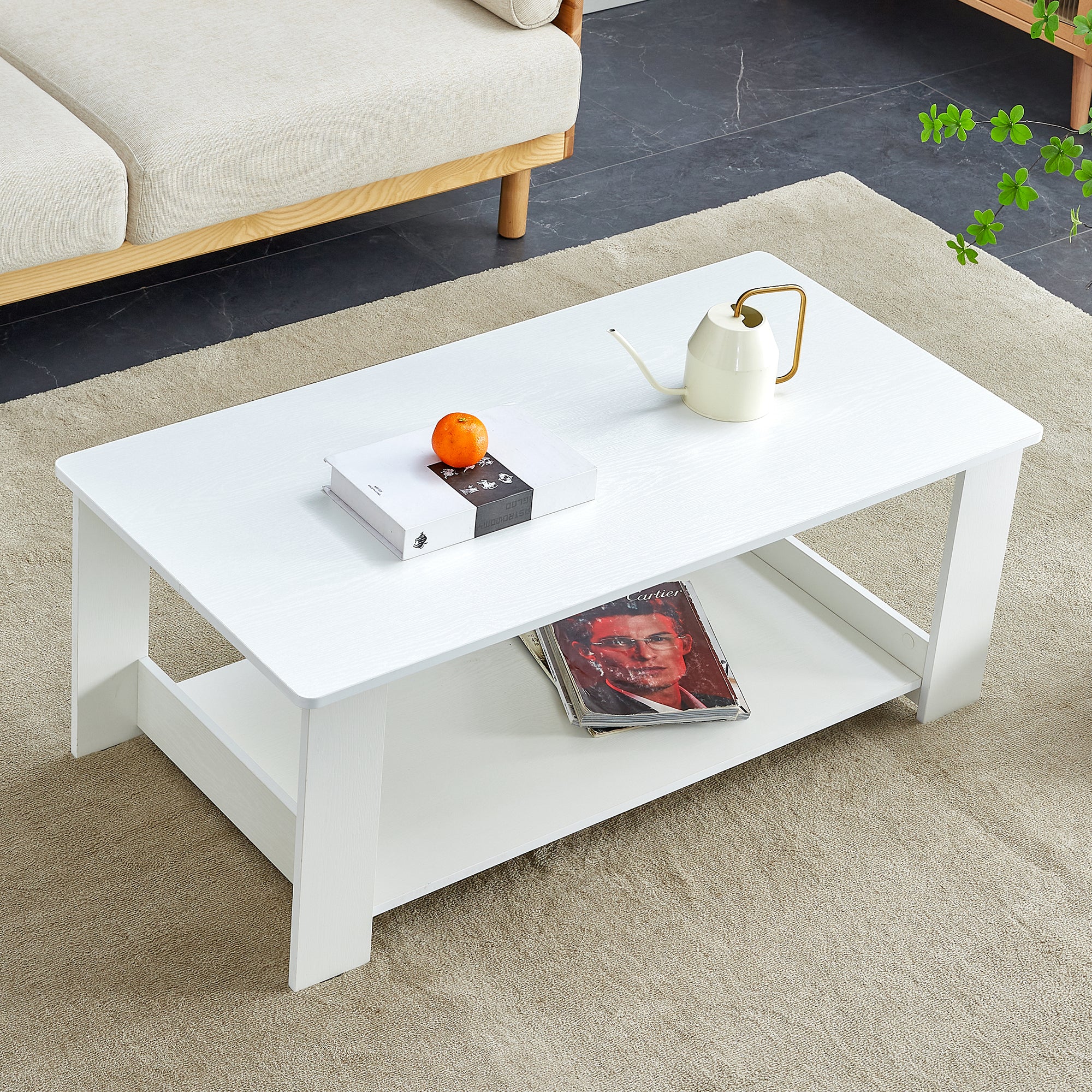 Side Table Modern Simple 110x55x42cm 2-Tier Storage White Wood Grain - Image 3
