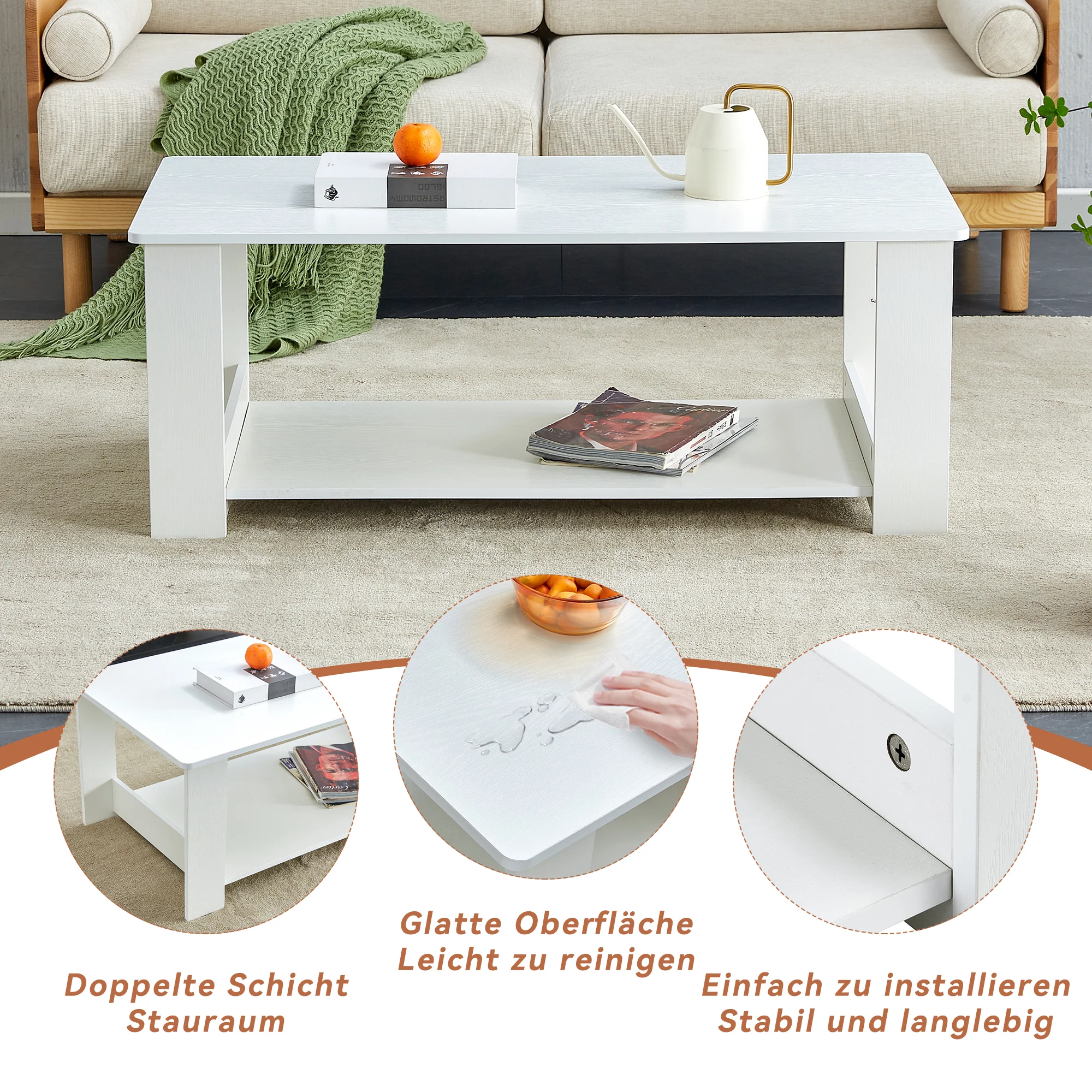Side Table Modern Simple 110x55x42cm 2-Tier Storage White Wood Grain - Image 6