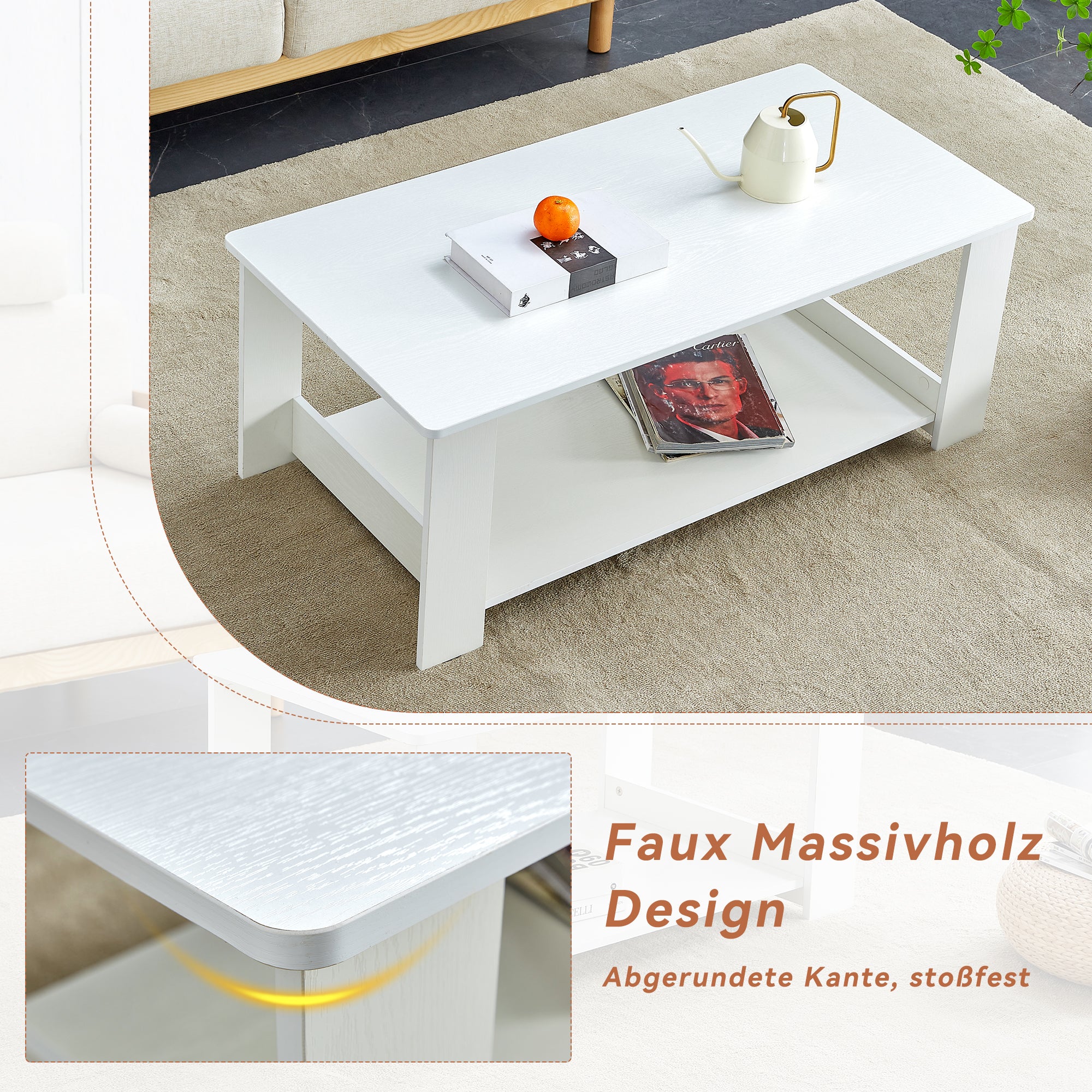 Side Table Modern Simple 110x55x42cm 2-Tier Storage White Wood Grain - Image 7