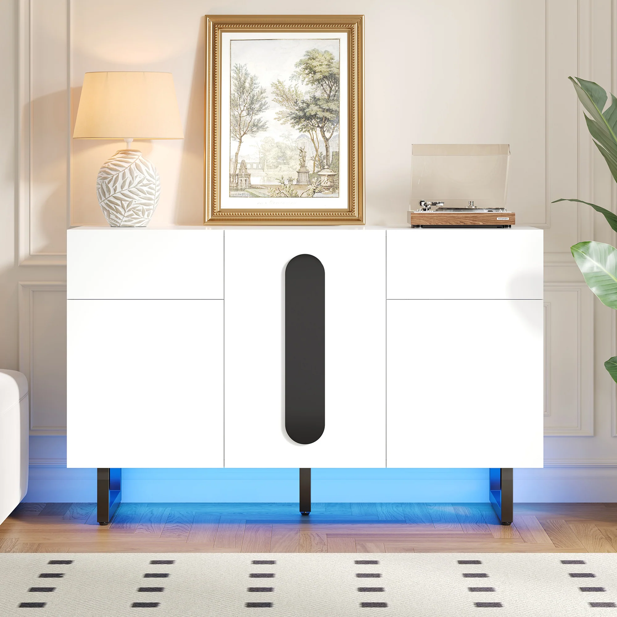 Sideboard 120cm Modern Storage Drawers Doors - White/Black - Image 10
