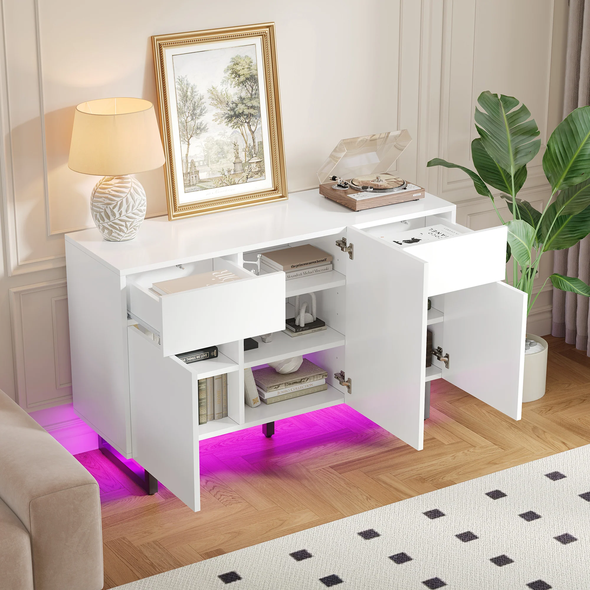 Sideboard 120cm Modern Storage Drawers Doors - White/Black - Image 3