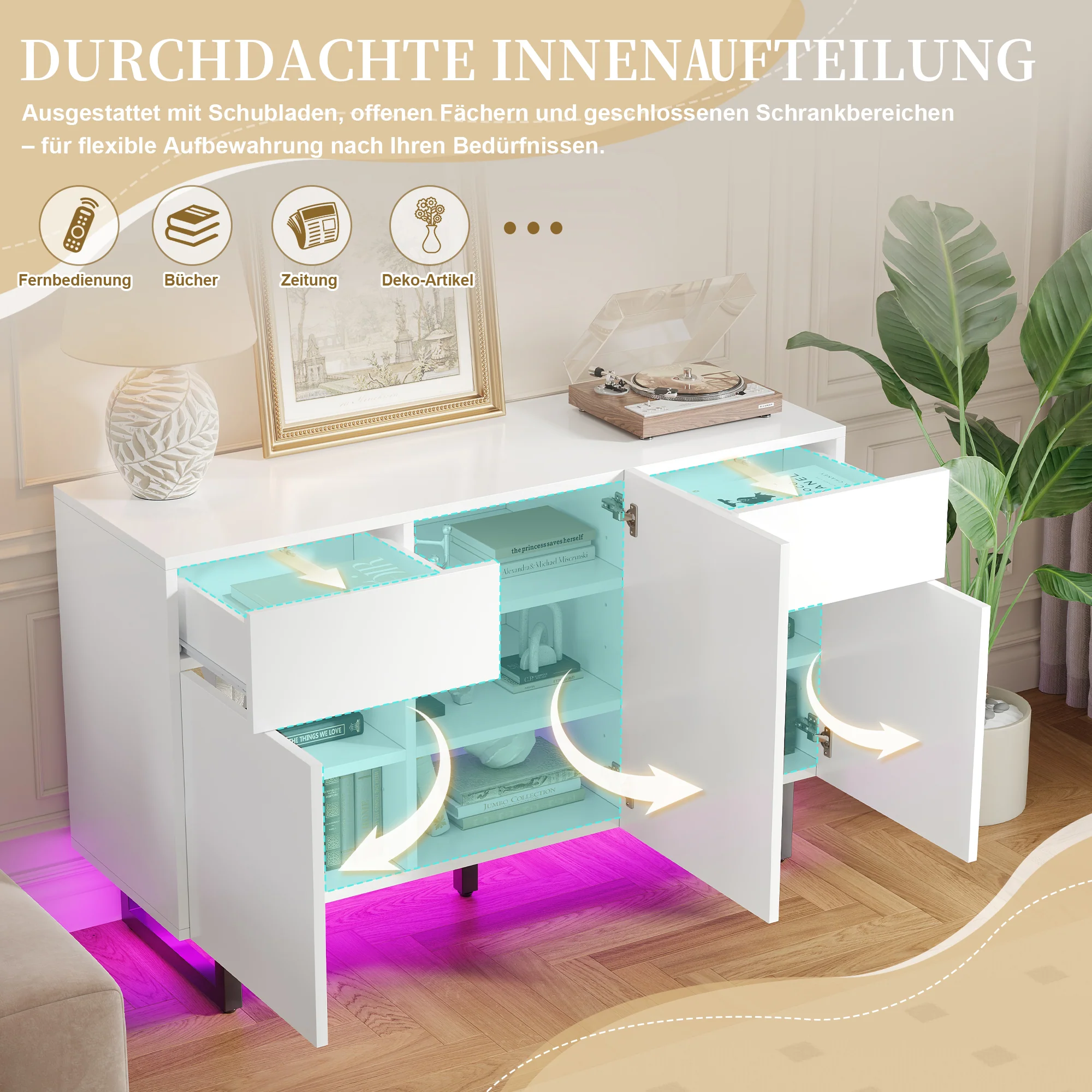 Sideboard 120cm Modern Storage Drawers Doors - White/Black - Image 4
