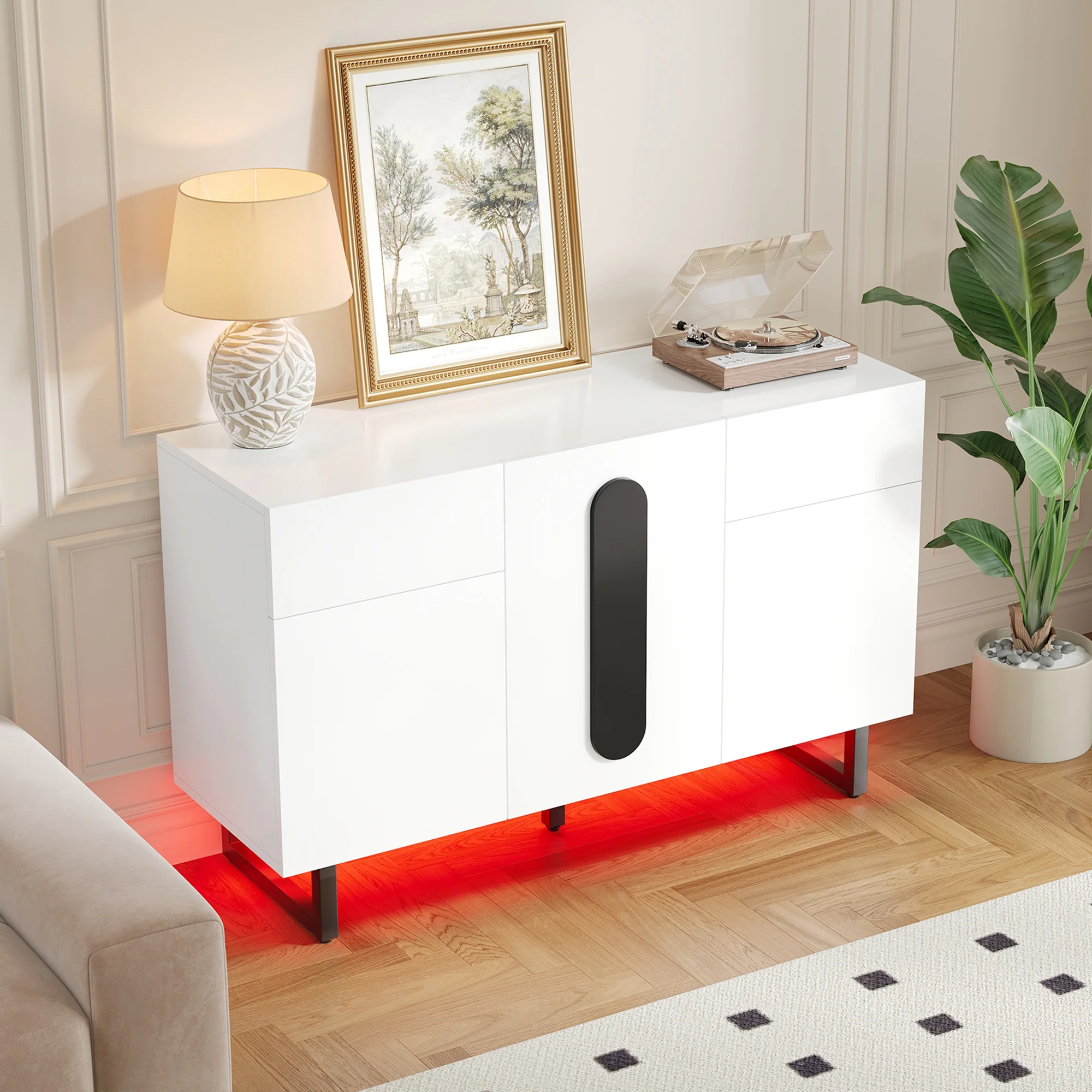 Sideboard 120cm Modern Storage Drawers Doors - White/Black - Image 5