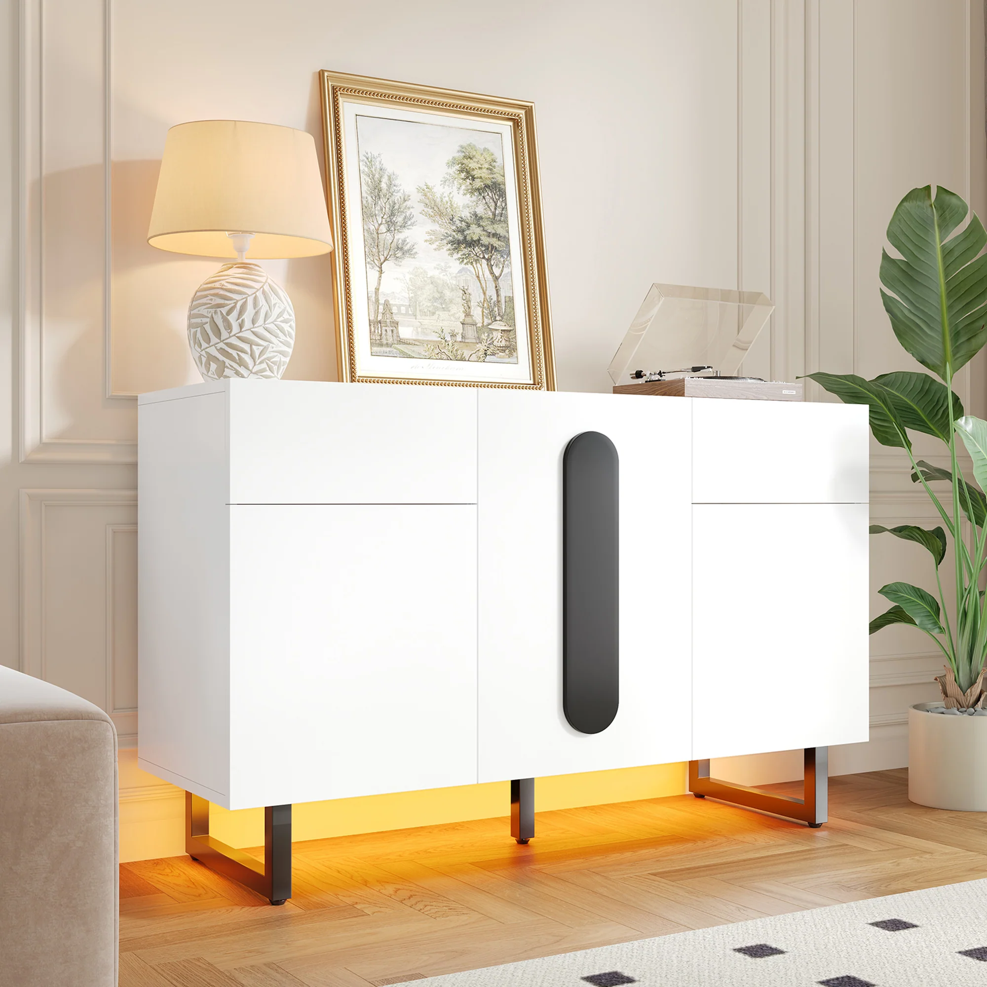 Sideboard 120cm Modern Storage Drawers Doors - White/Black - Image 8