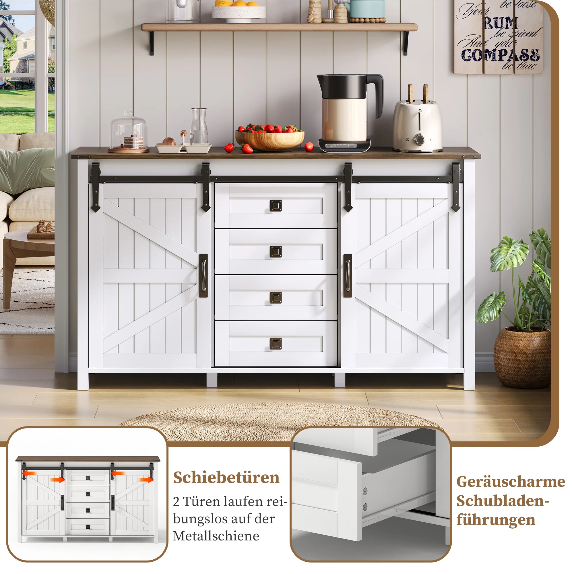 Sideboard 137cm Sliding Doors 4 Drawers Vintage Storage - White - Image 5