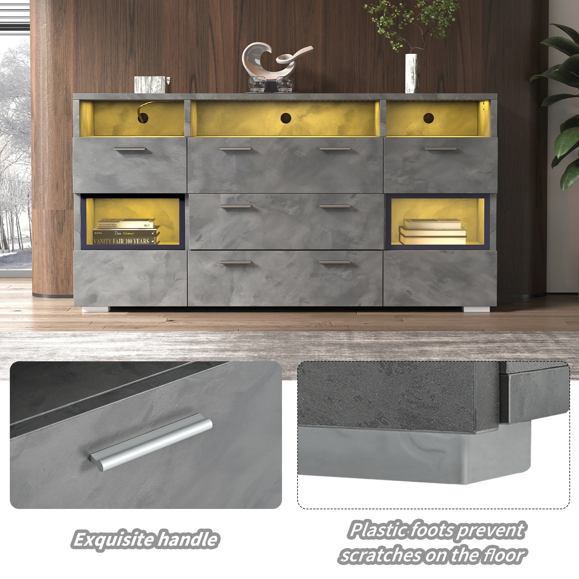 Sideboard 140cm LED 2 Doors 3 Drawers Acrylic Storage - Grey - Image 2