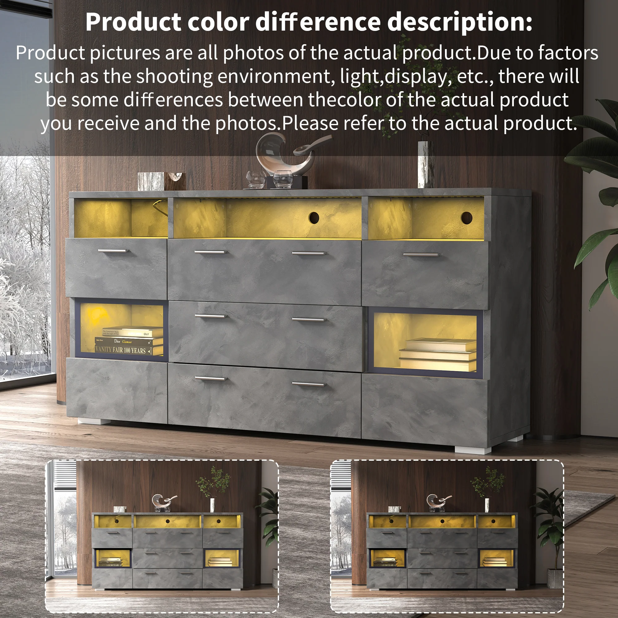 Sideboard 140cm LED 2 Doors 3 Drawers Acrylic Storage - Grey - Image 3