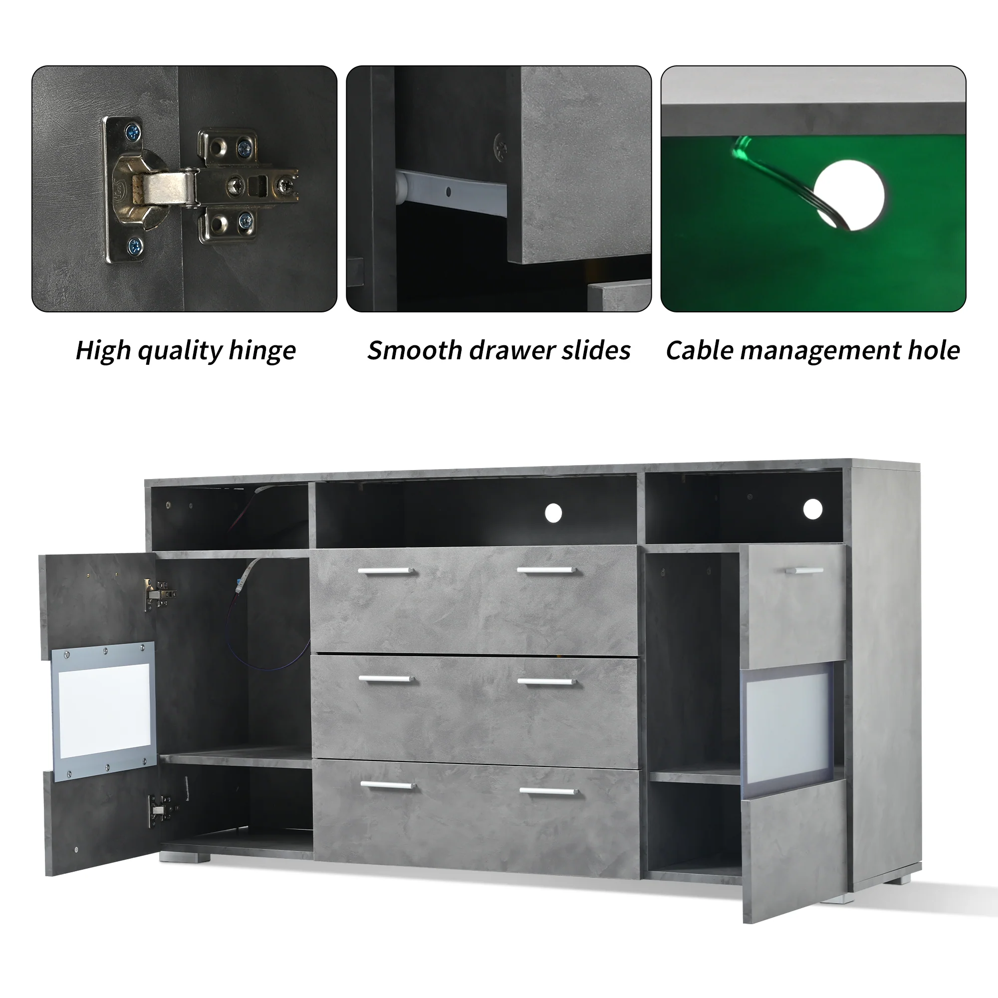 Sideboard 140cm LED 2 Doors 3 Drawers Acrylic Storage - Grey - Image 4