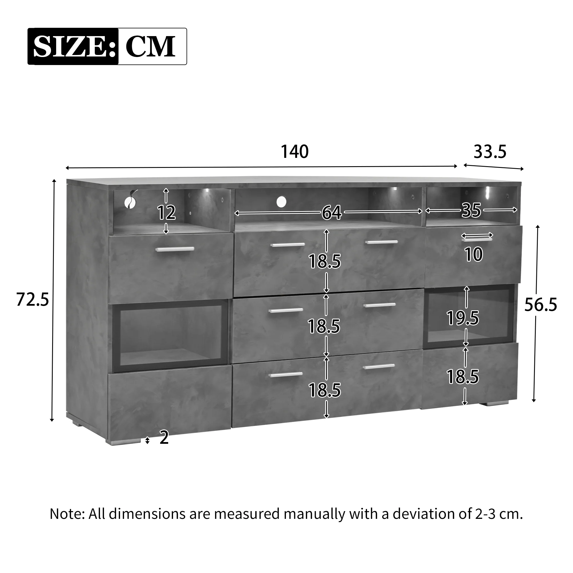 Sideboard 140cm LED 2 Doors 3 Drawers Acrylic Storage - Grey - Image 5