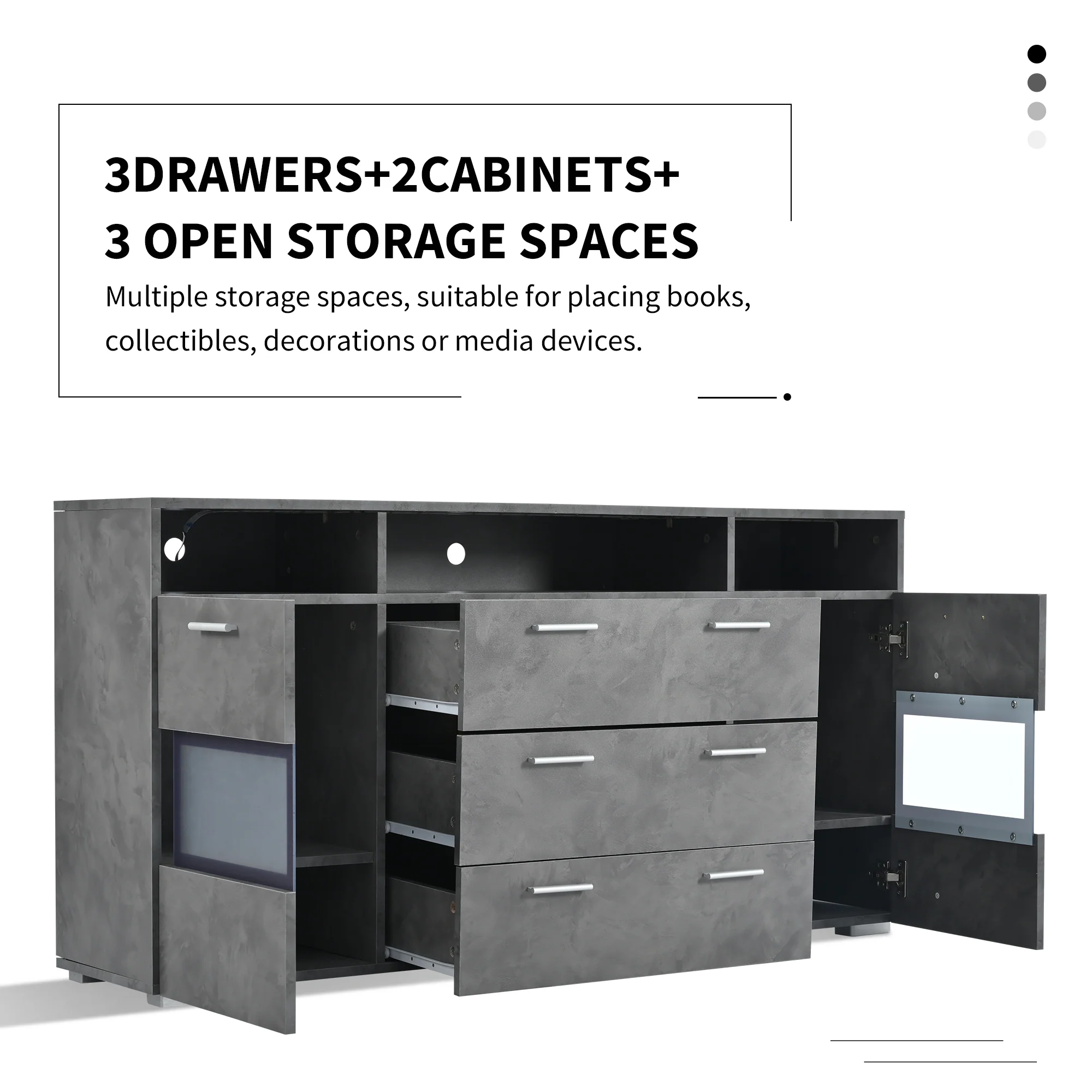 Sideboard 140cm LED 2 Doors 3 Drawers Acrylic Storage - Grey - Image 6