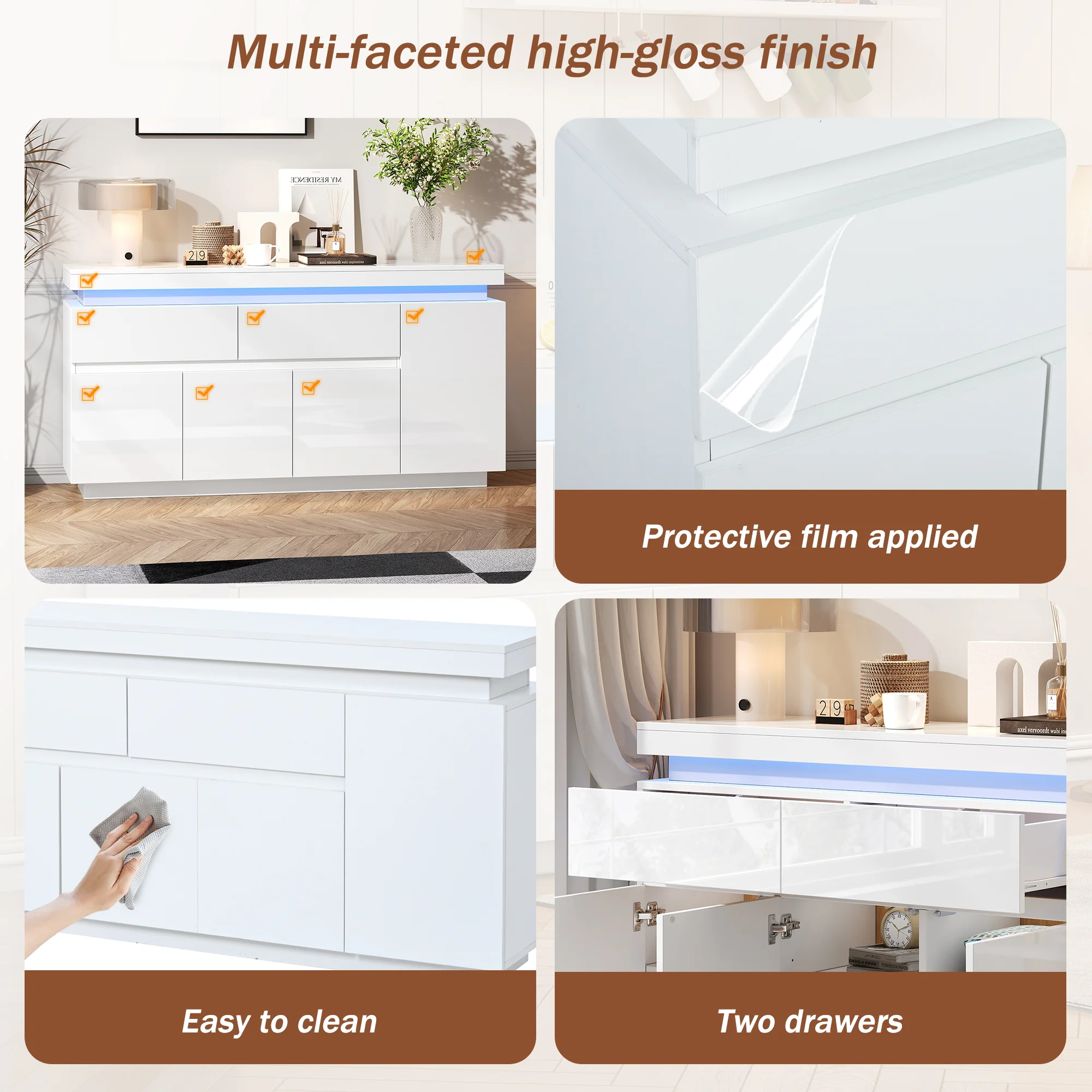 Sideboard 140x35x72.5cm High-Gloss LED 2 Drawers 4 Doors - White - Image 10