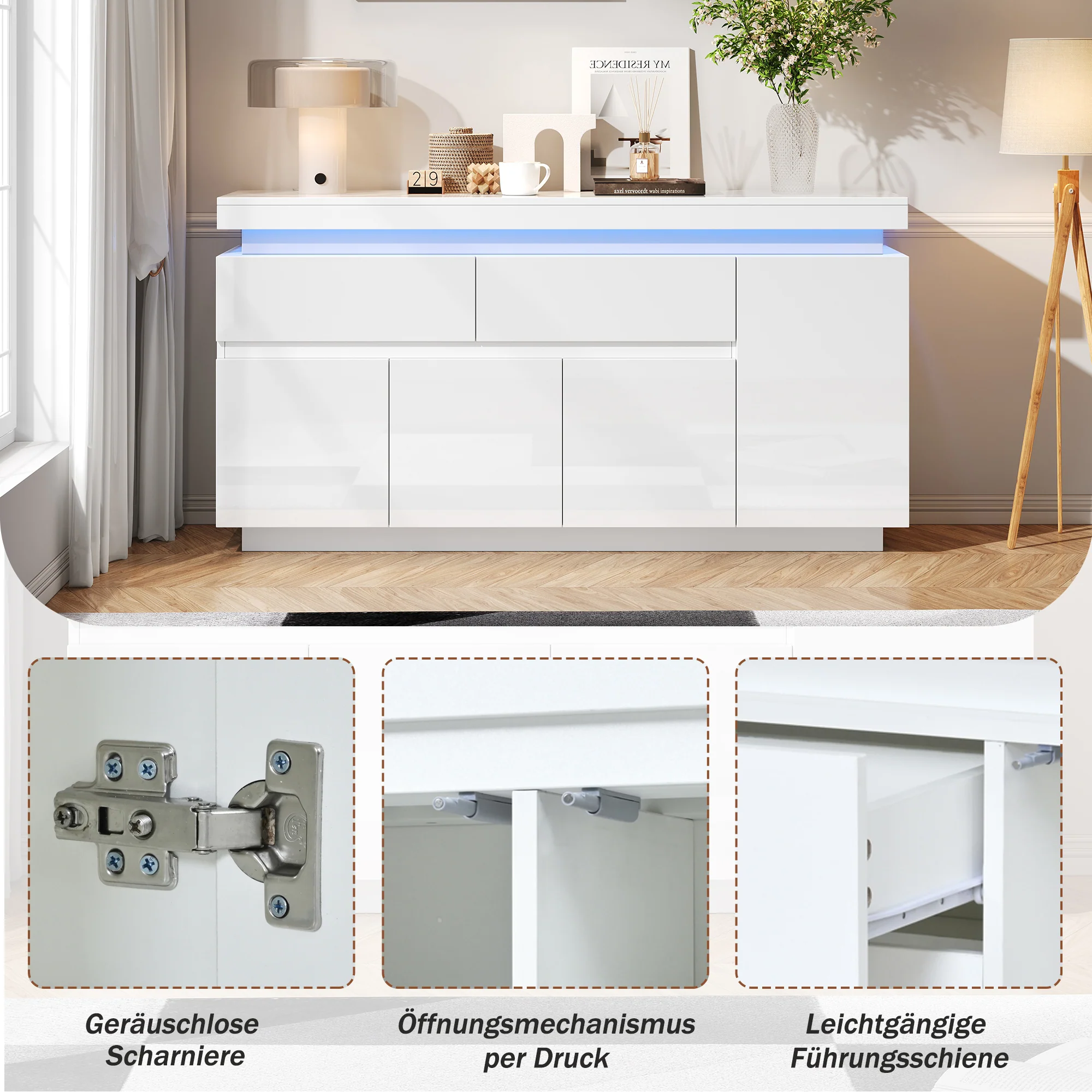 Sideboard 140x35x72.5cm High-Gloss LED 2 Drawers 4 Doors - White - Image 4