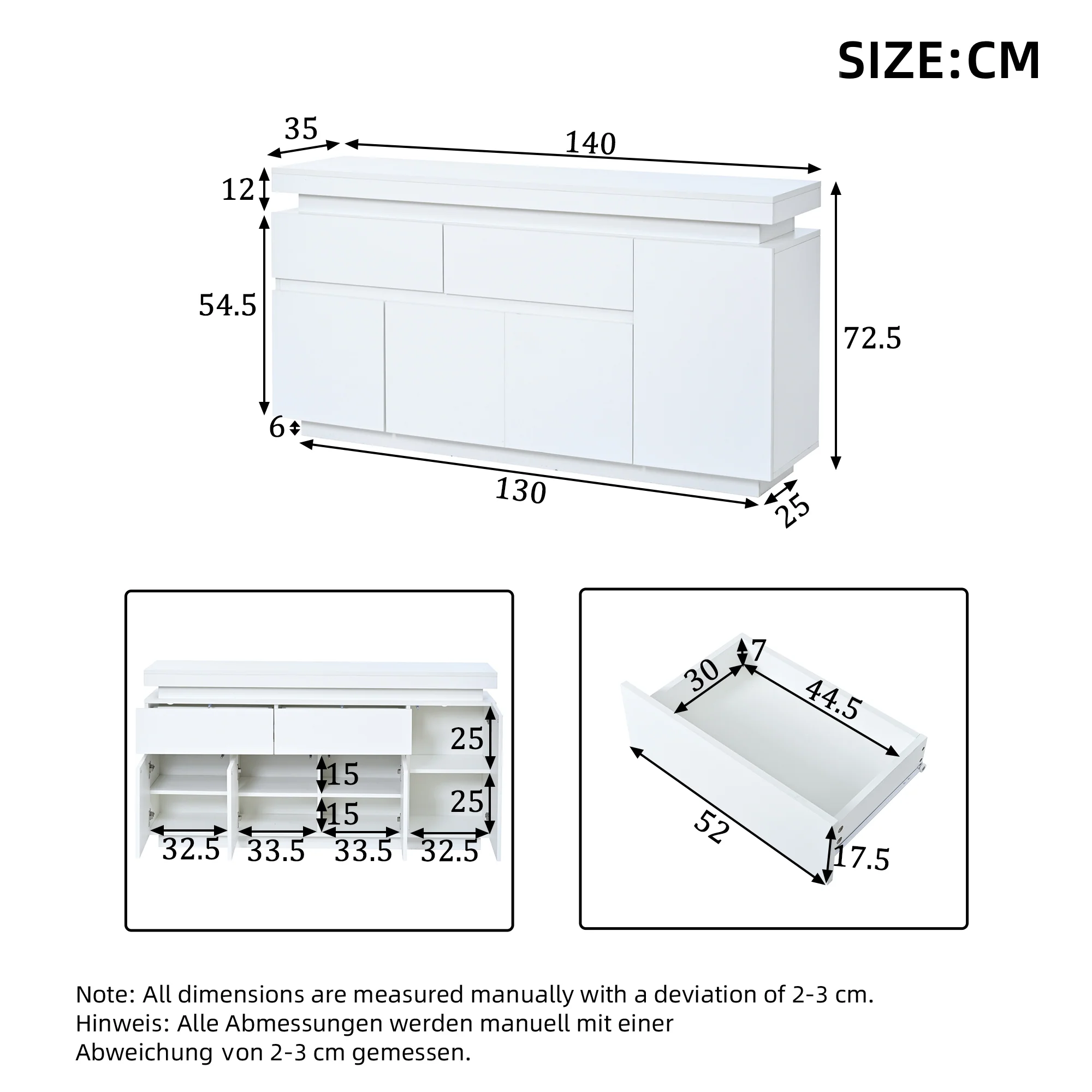 Sideboard 140x35x72.5cm High-Gloss LED 2 Drawers 4 Doors - White - Image 8