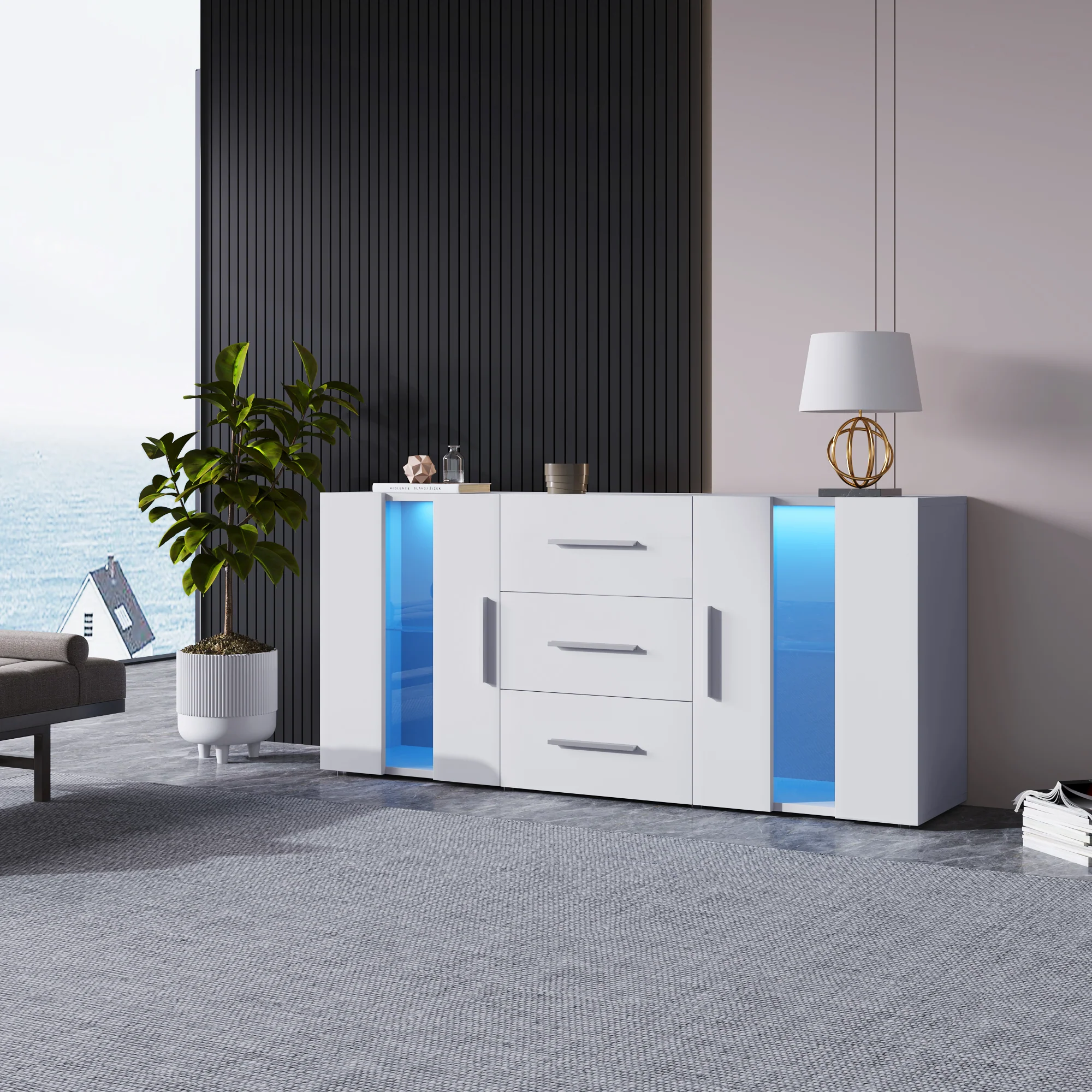 Sideboard, 16-Color LED Lights, 140x35x70cm, for Dining & Living Room