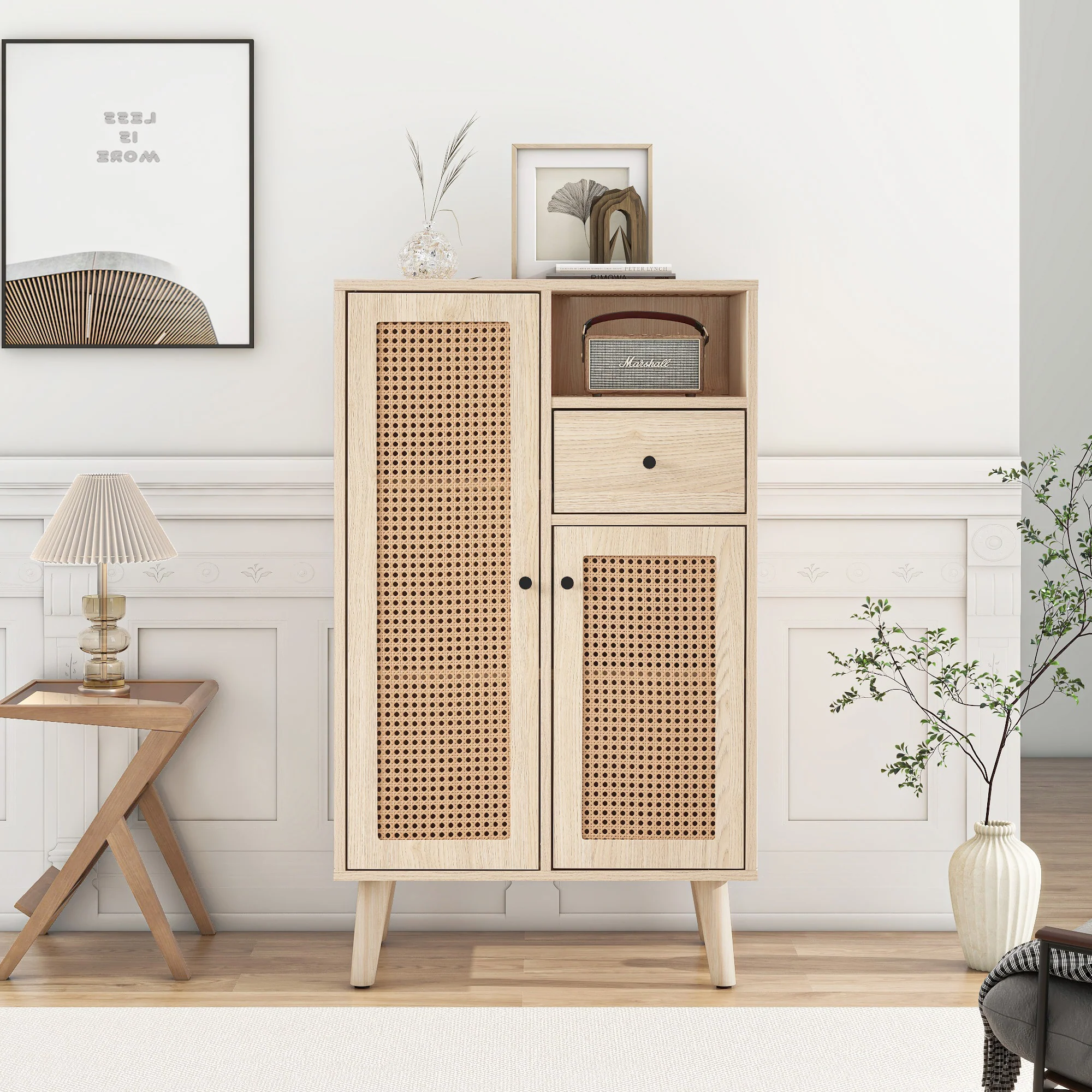 Sideboard, 2 rattan doors, 1 drawer, large storage, wood look - Image 3