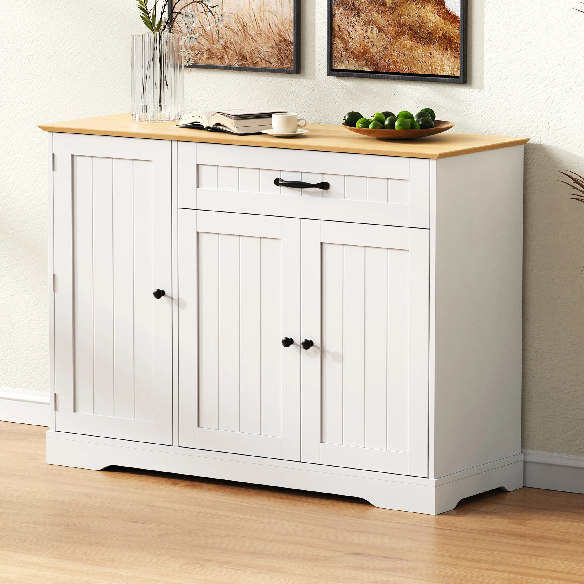 Sideboard 3 Doors 1 Drawer Storage Cabinet - White/Natural - Image 2
