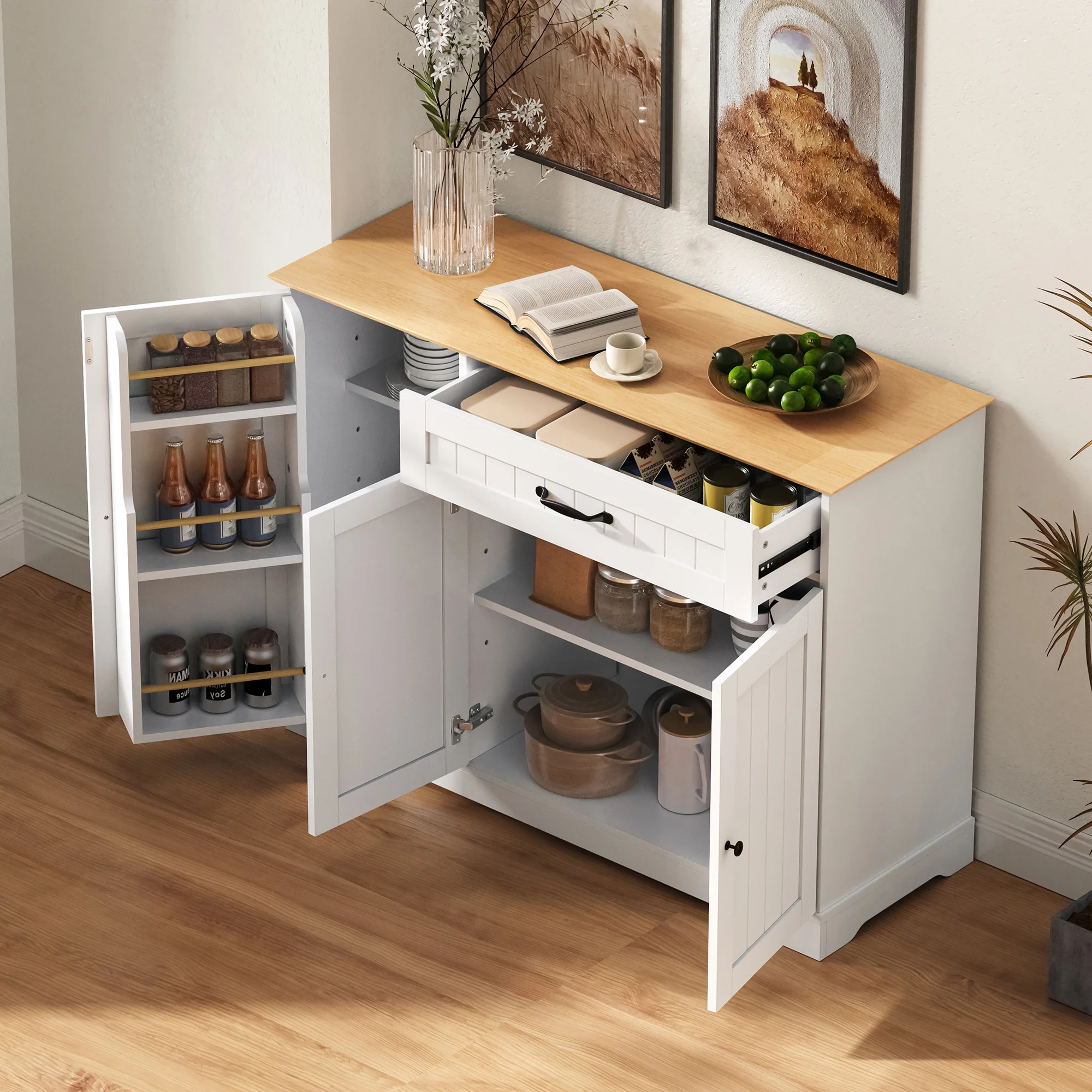 Sideboard 3 Doors 1 Drawer Storage Cabinet - White/Natural - Image 3