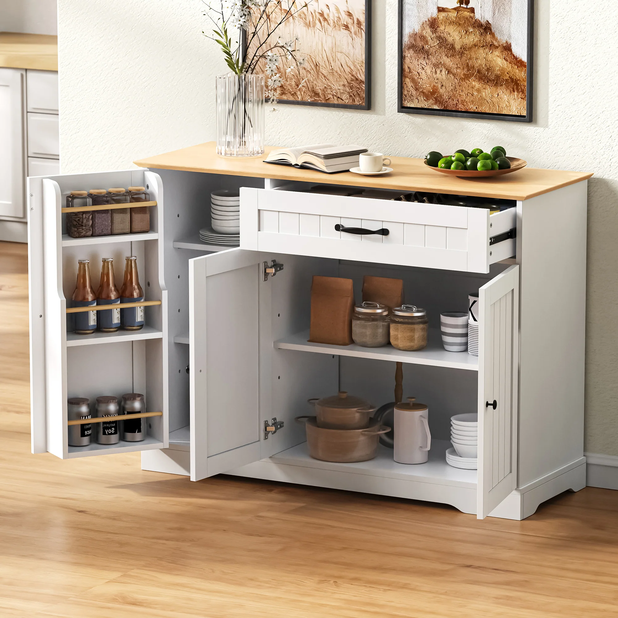 Sideboard 3 Doors 1 Drawer Storage Cabinet - White/Natural - Image 4