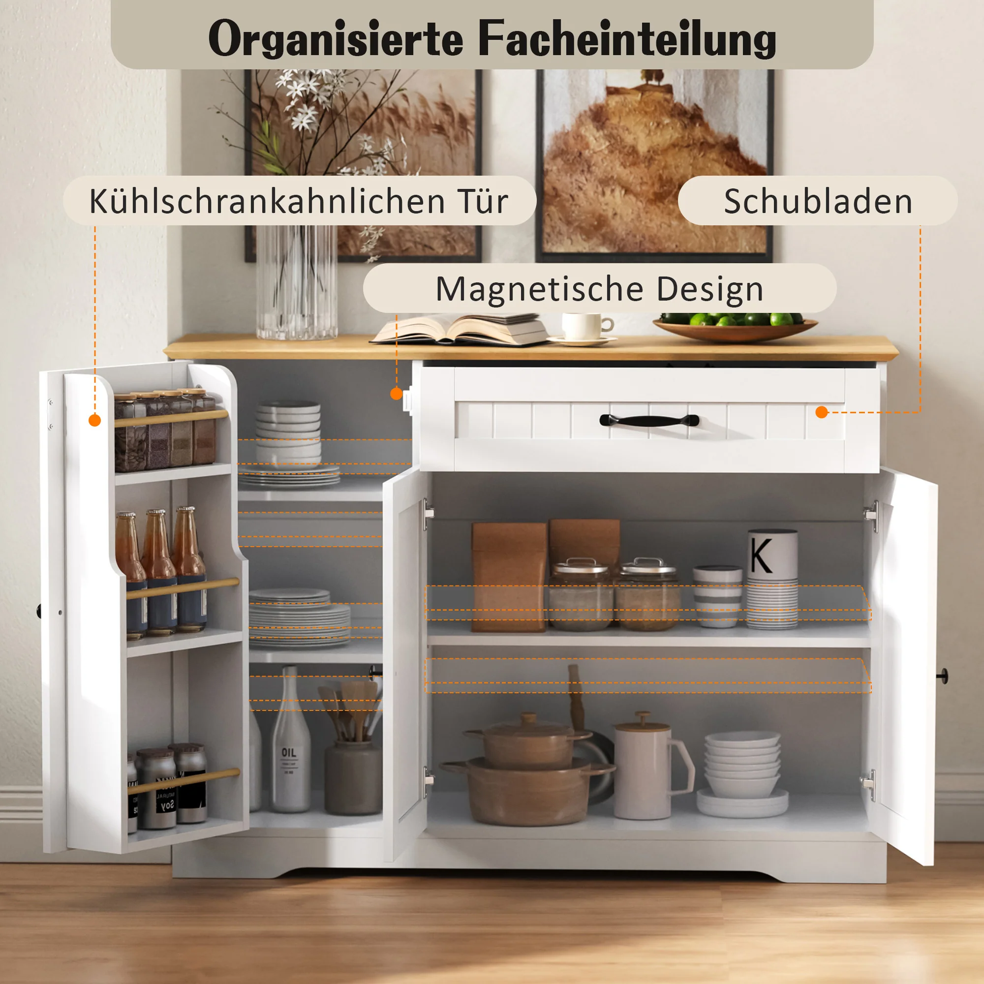 Sideboard 3 Doors 1 Drawer Storage Cabinet - White/Natural - Image 6