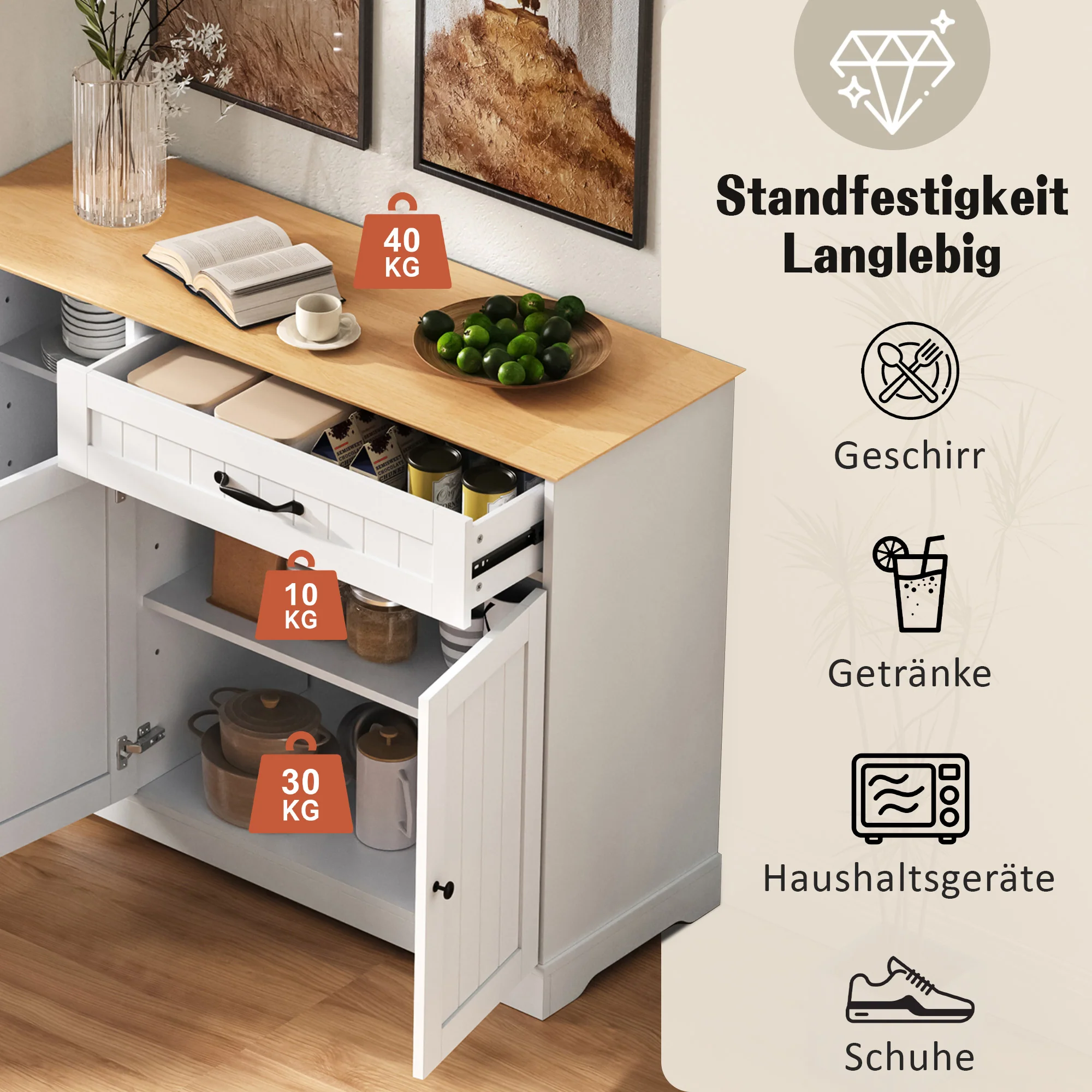 Sideboard 3 Doors 1 Drawer Storage Cabinet - White/Natural - Image 7