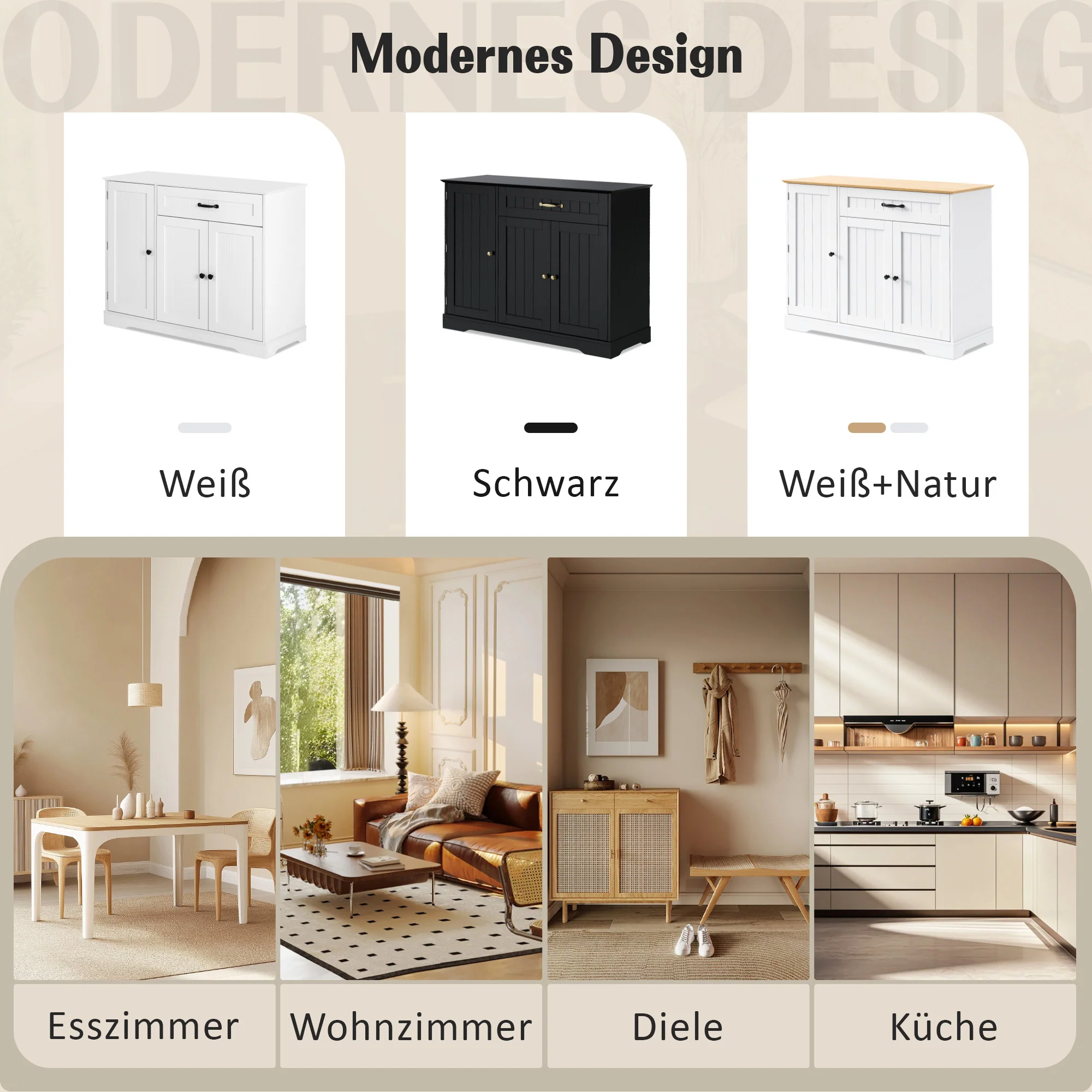 Sideboard 3 Doors 1 Drawer Storage Cabinet - White/Natural - Image 9