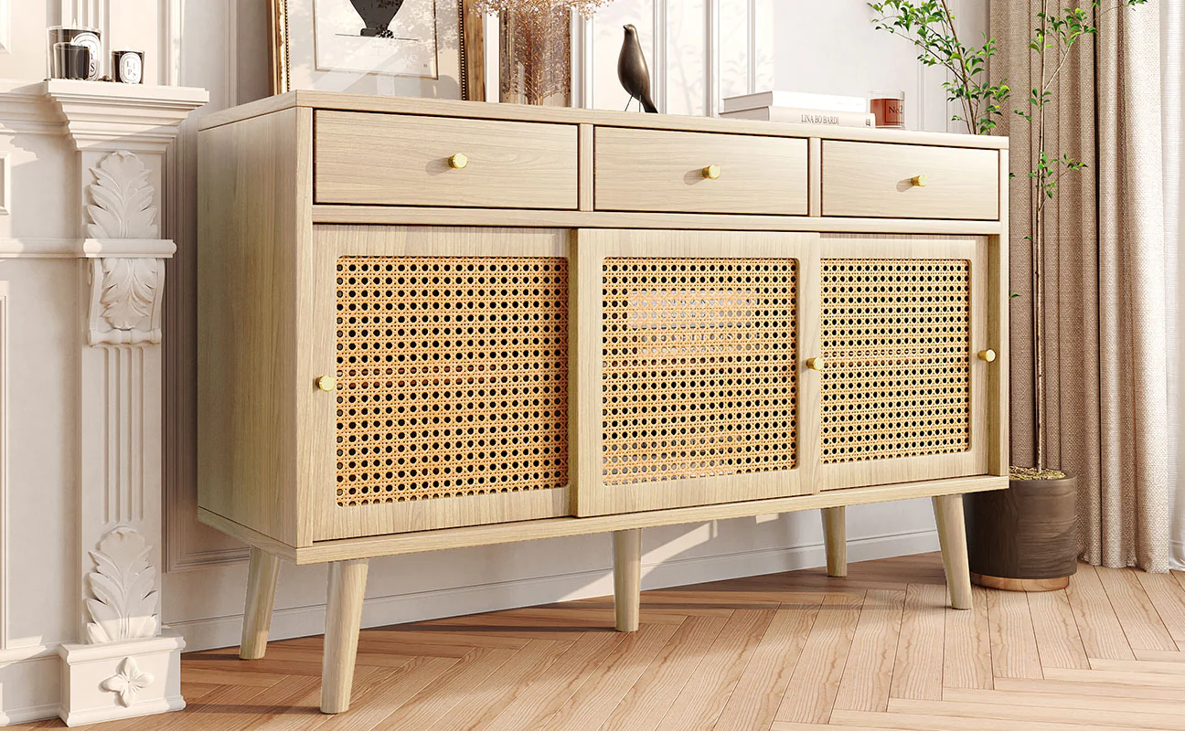 Sideboard 3 Drawer 3 Sliding Door Rattan Fronts Gold Handle Adjustable Shelves Oak - Image 7