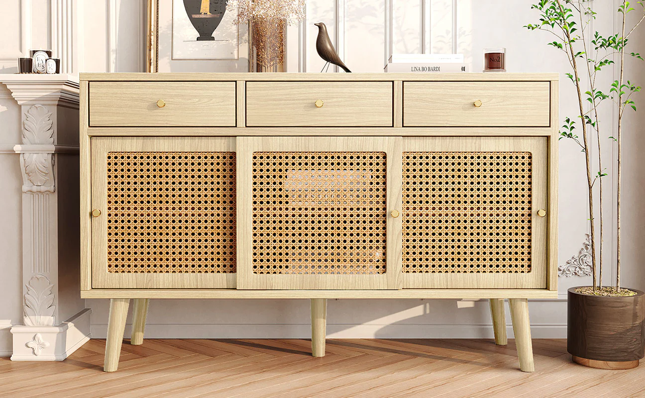 Sideboard 3 Drawer 3 Sliding Door Rattan Fronts Gold Handle Adjustable Shelves Oak - Image 9