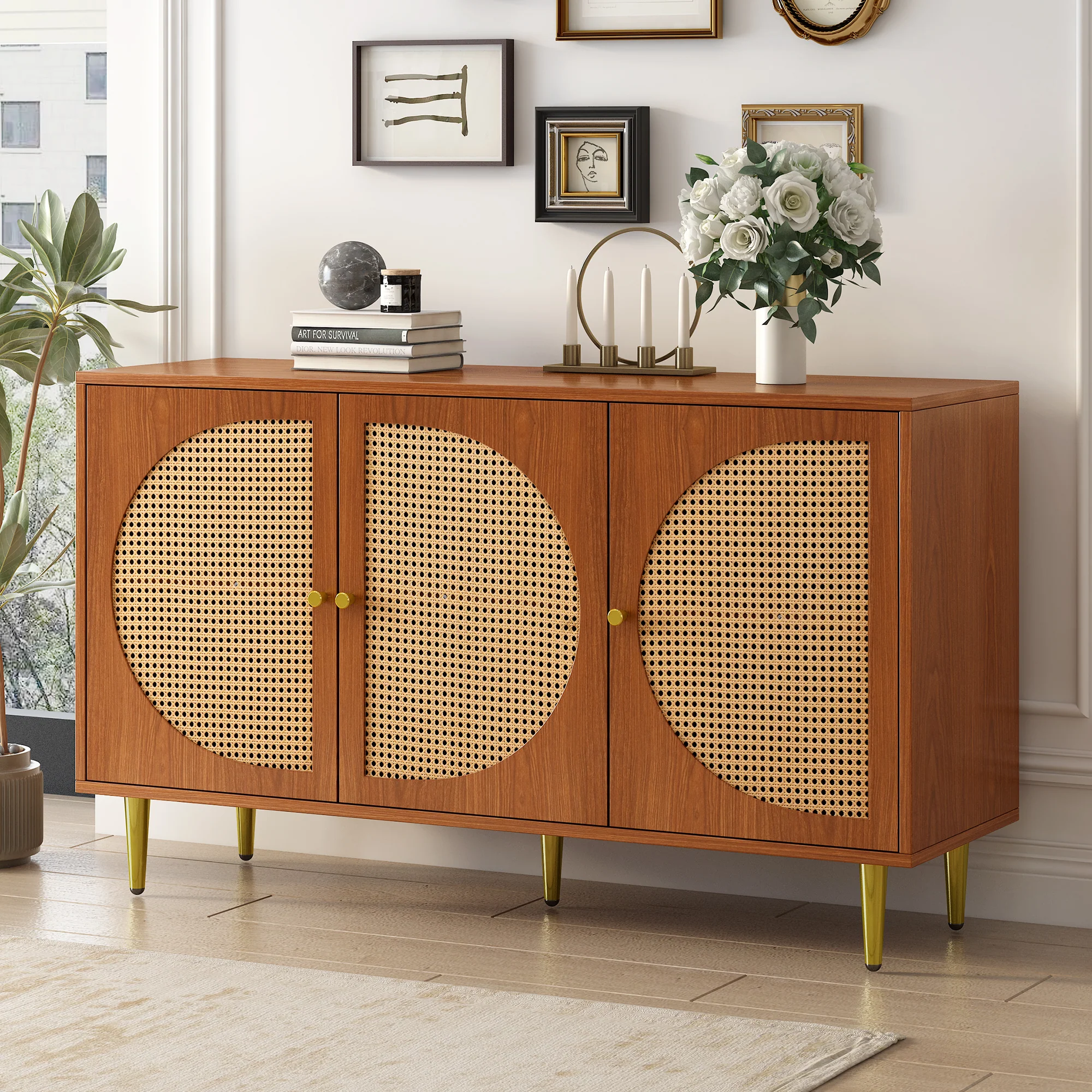 Sideboard, 3 Rattan Doors, Metal Handles, Walnut - Image 2