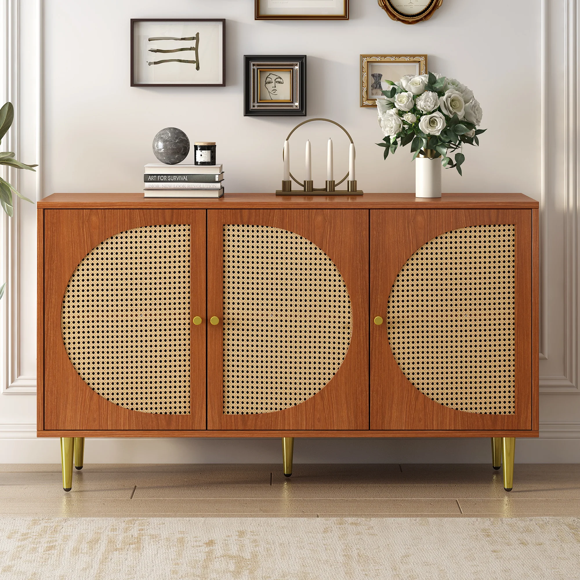 Sideboard, 3 Rattan Doors, Metal Handles, Walnut - Image 5