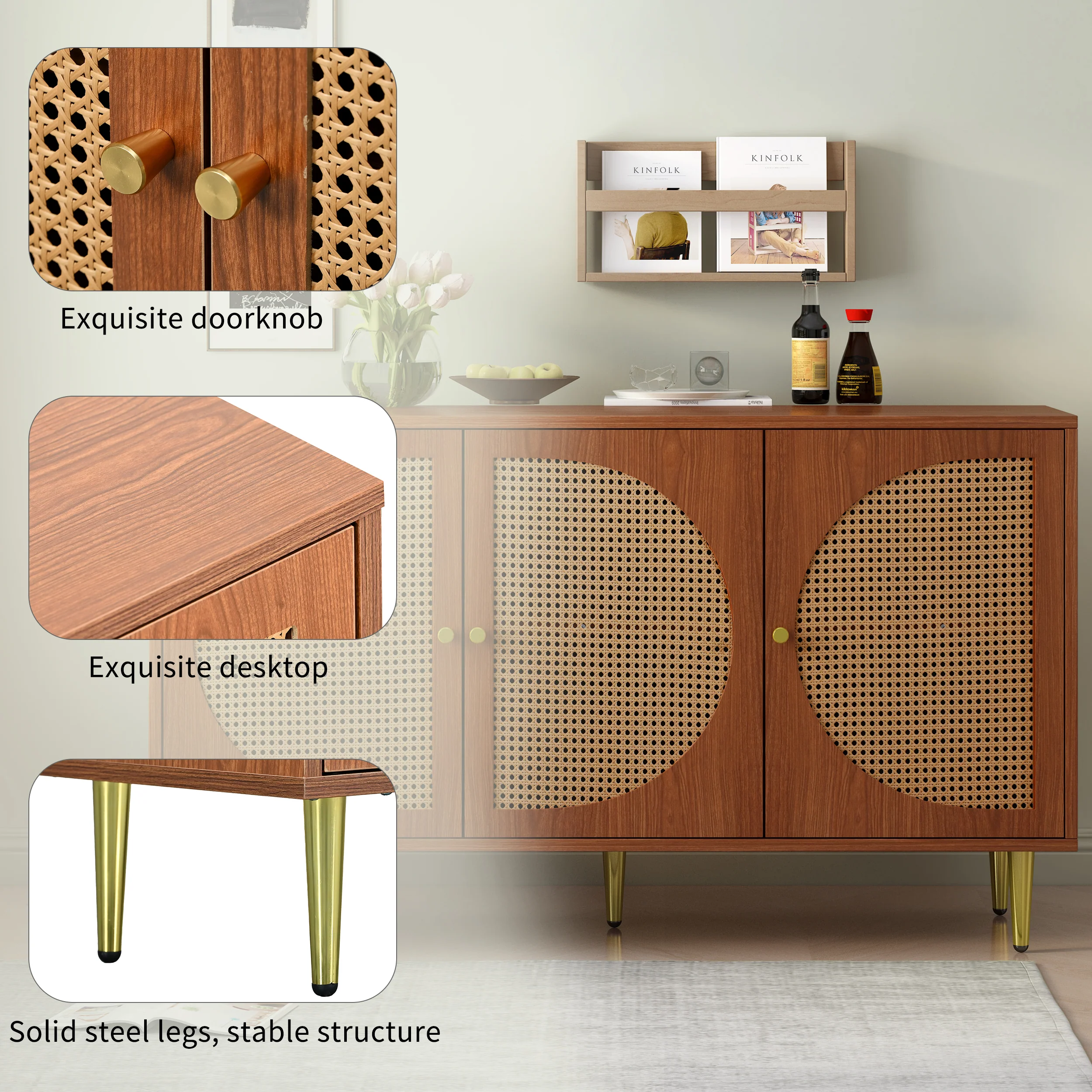 Sideboard, 3 Rattan Doors, Metal Handles, Walnut - Image 9