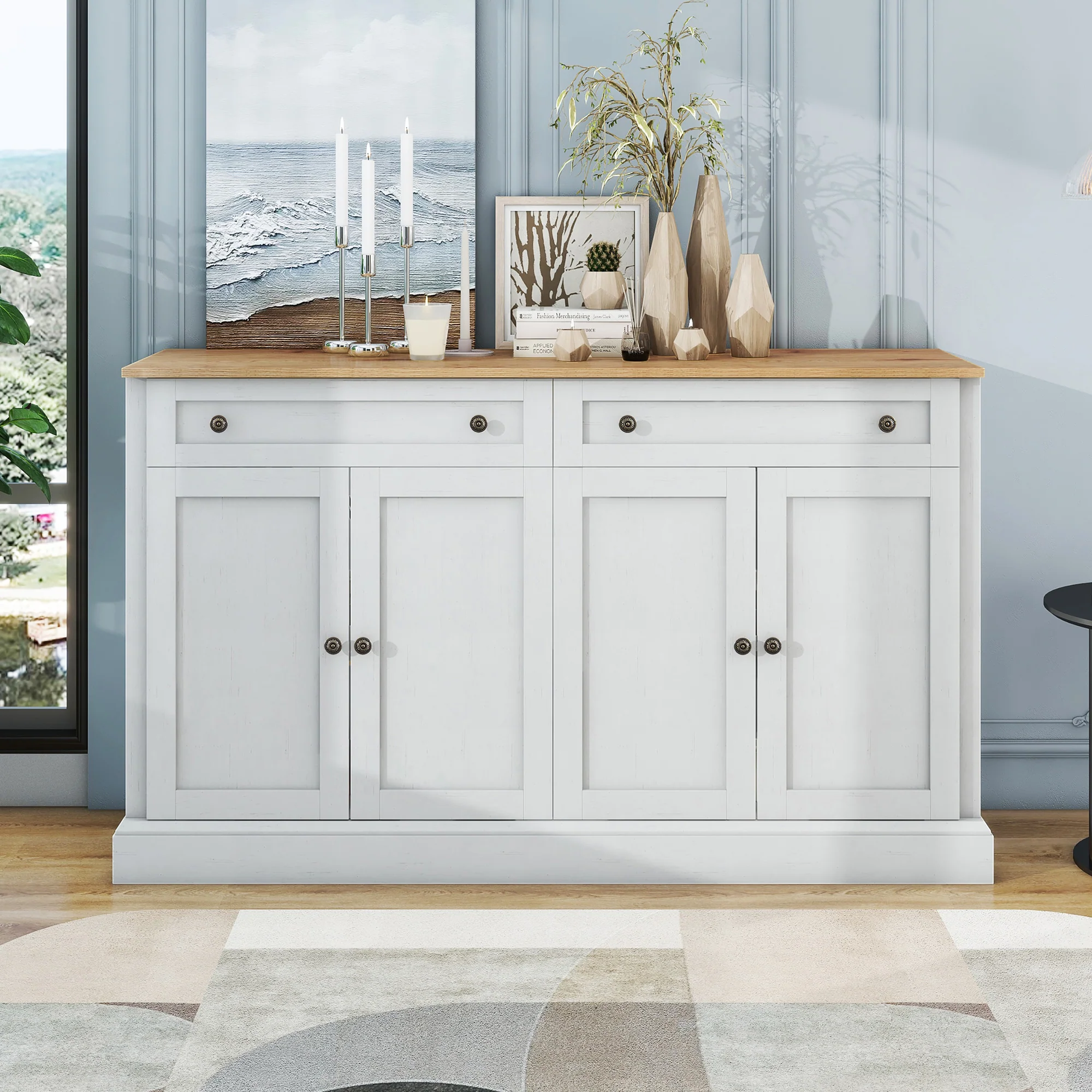 Sideboard, 4 Doors 2 Drawers, Modern Buffet, Antique White + Natural Wood - Image 2