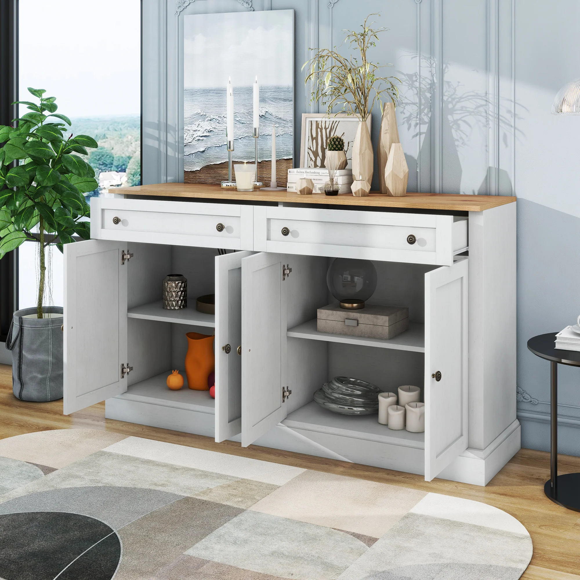 Sideboard, 4 Doors 2 Drawers, Modern Buffet, Antique White + Natural Wood - Image 3