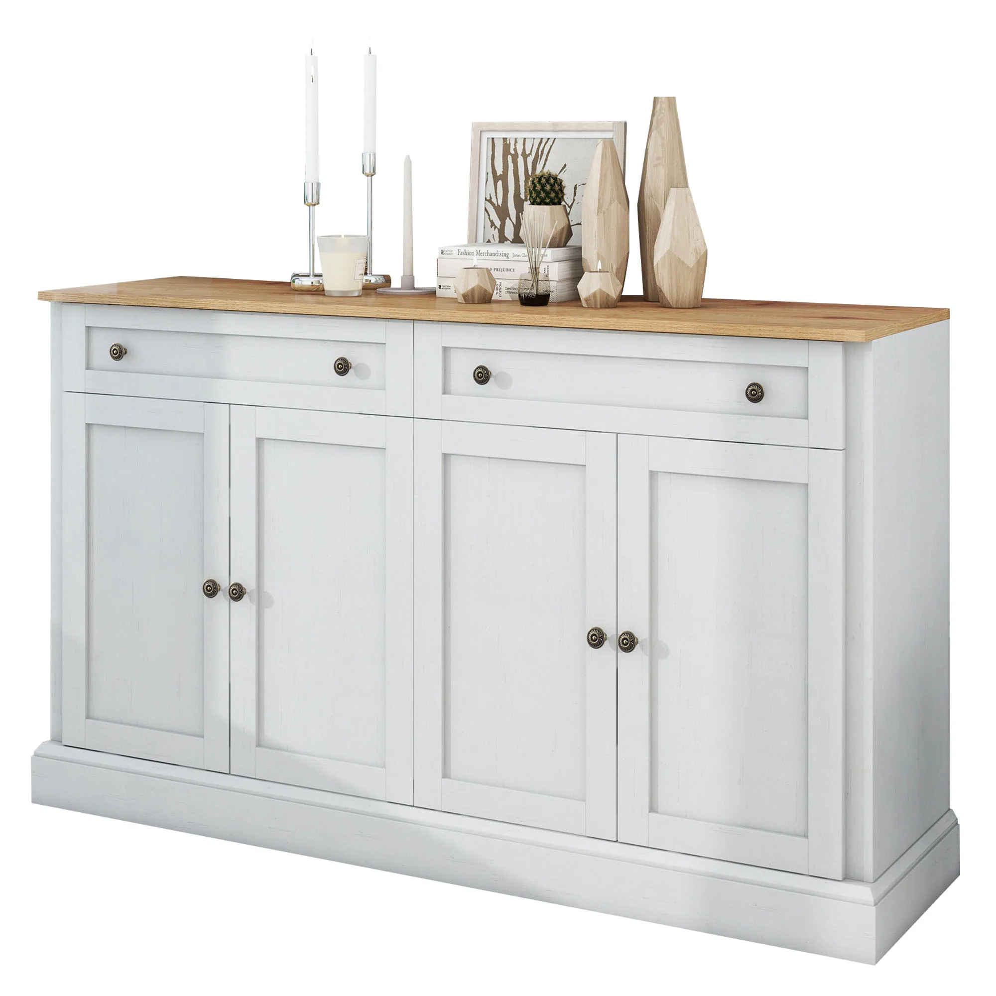 Sideboard, 4 Doors 2 Drawers, Modern Buffet, Antique White + Natural Wood - Image 4
