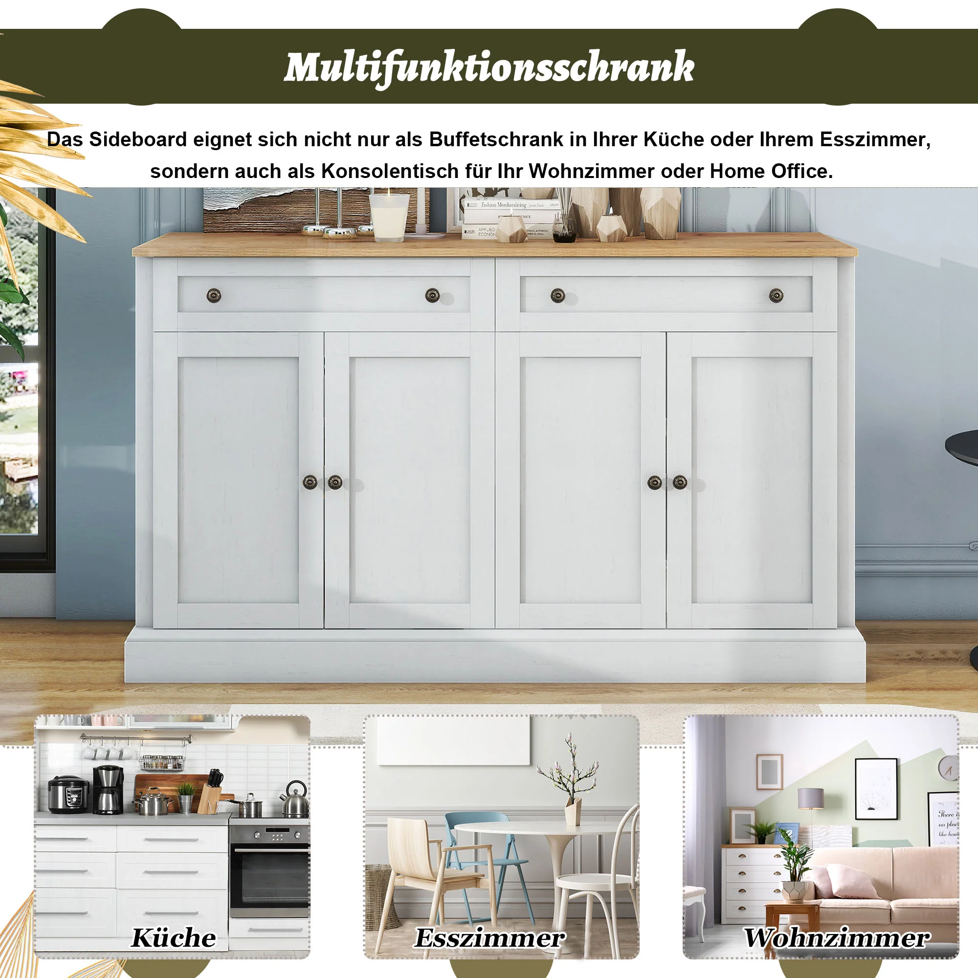 Sideboard, 4 Doors 2 Drawers, Modern Buffet, Antique White + Natural Wood - Image 6