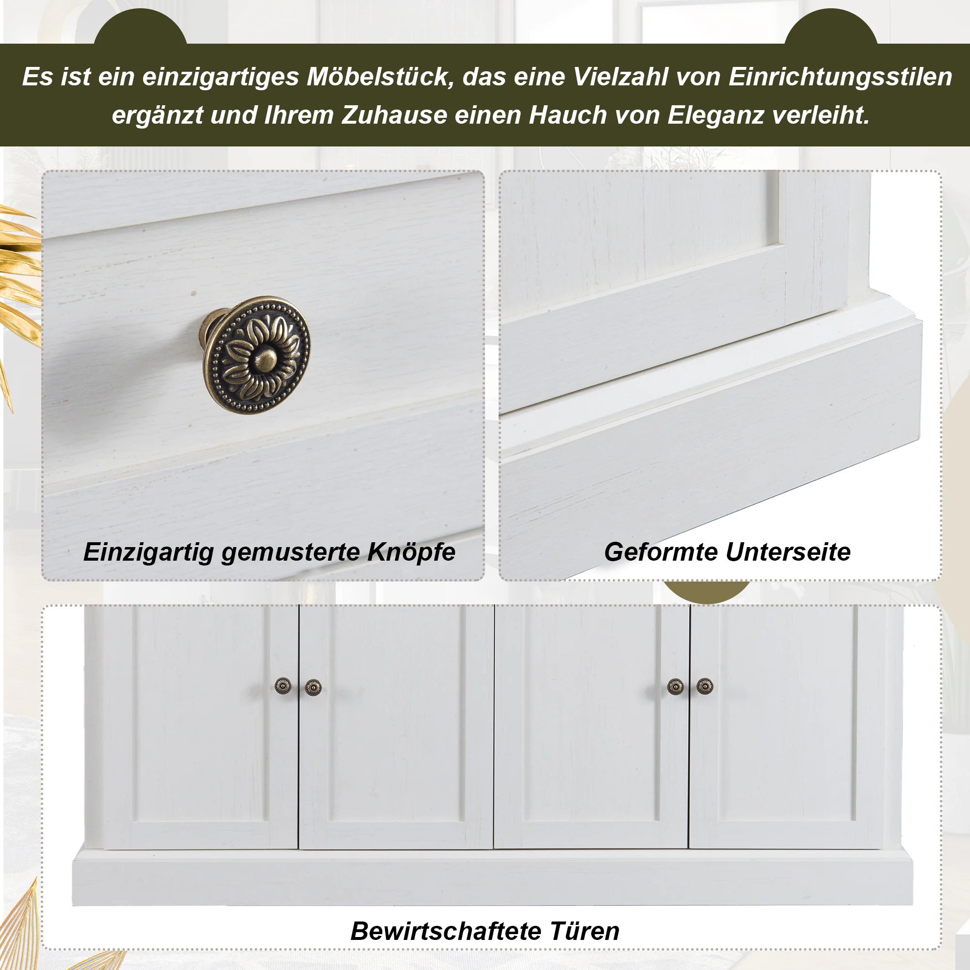 Sideboard, 4 Doors 2 Drawers, Modern Buffet, Antique White + Natural Wood - Image 7