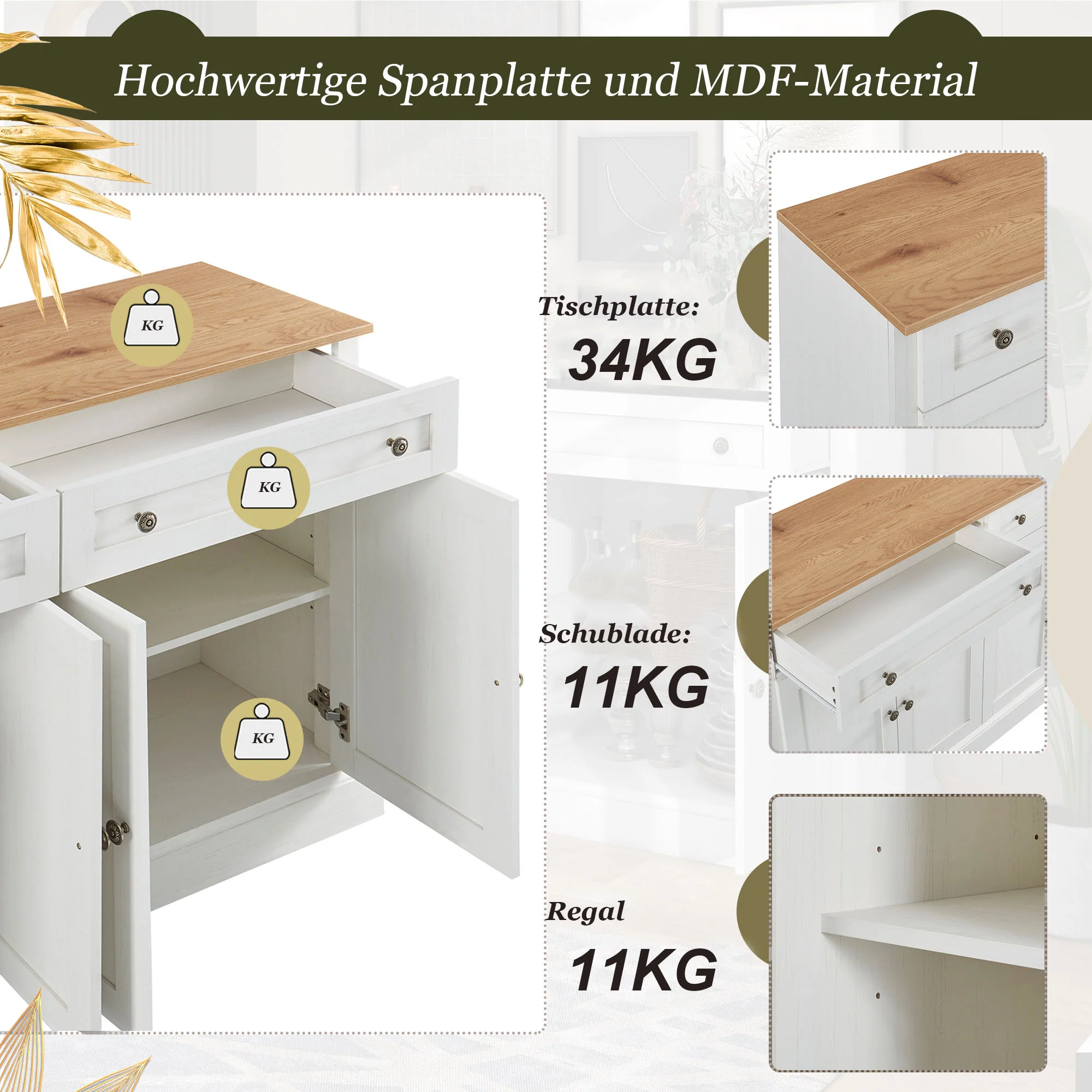 Sideboard, 4 Doors 2 Drawers, Modern Buffet, Antique White + Natural Wood - Image 9