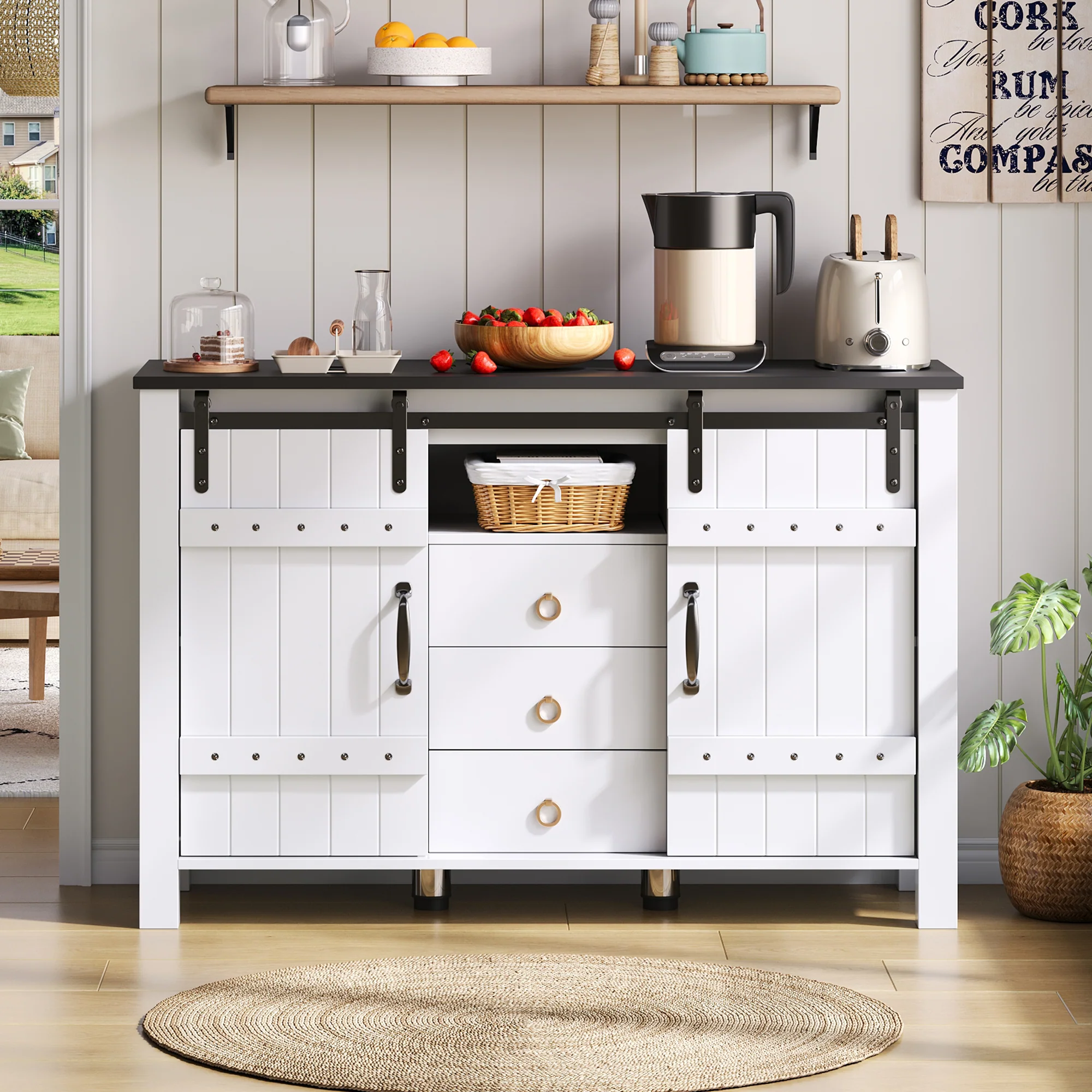 Sideboard Buffet 120cm Sliding Doors 3 Drawers - Rustic White - Image 10