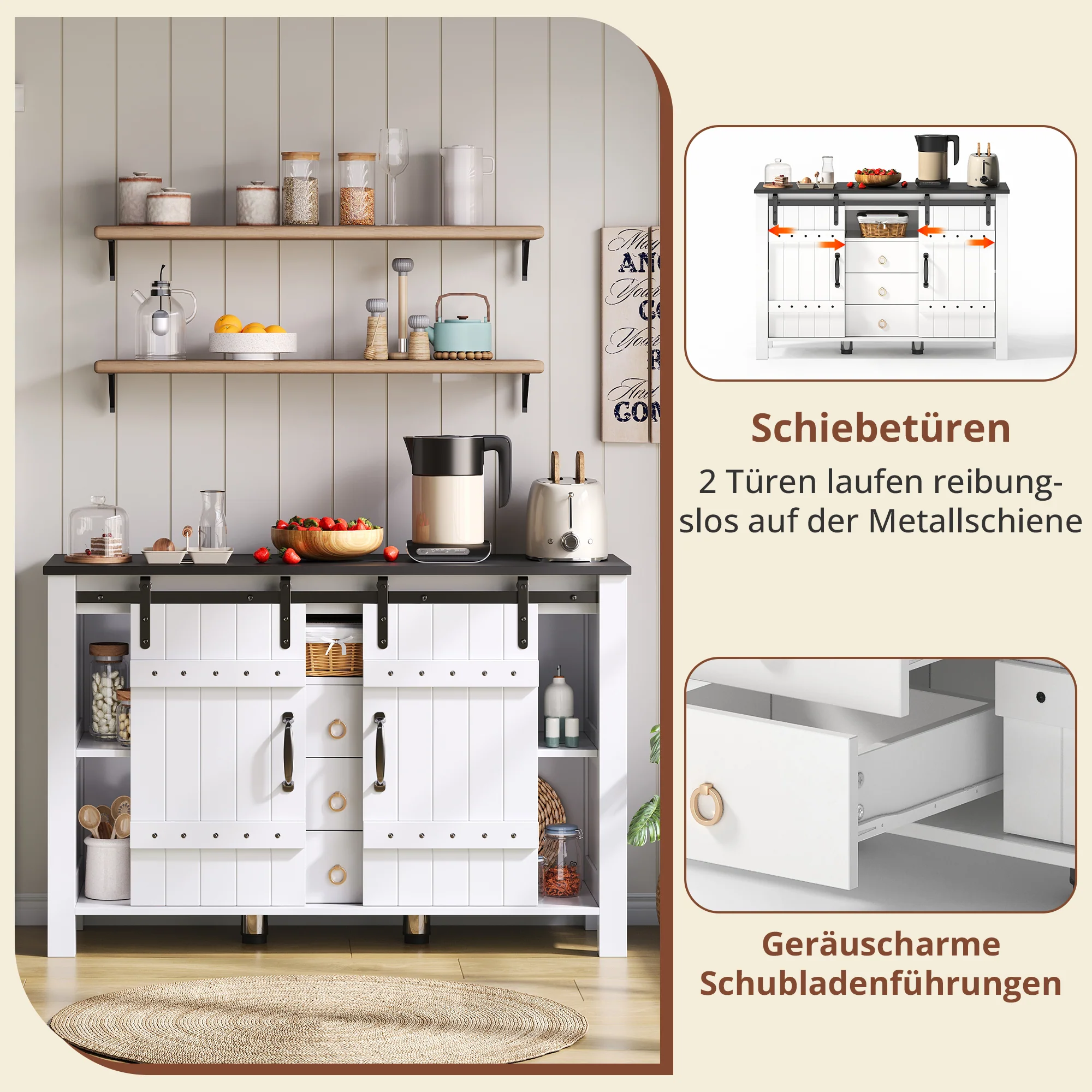 Sideboard Buffet 120cm Sliding Doors 3 Drawers - Rustic White - Image 2