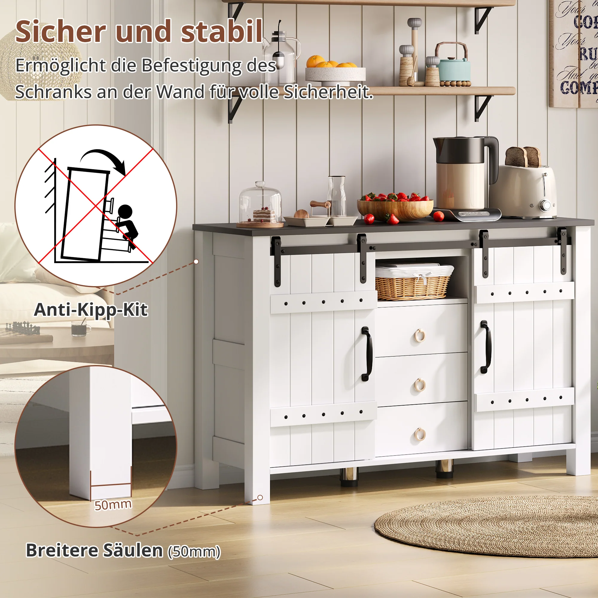 Sideboard Buffet 120cm Sliding Doors 3 Drawers - Rustic White - Image 3