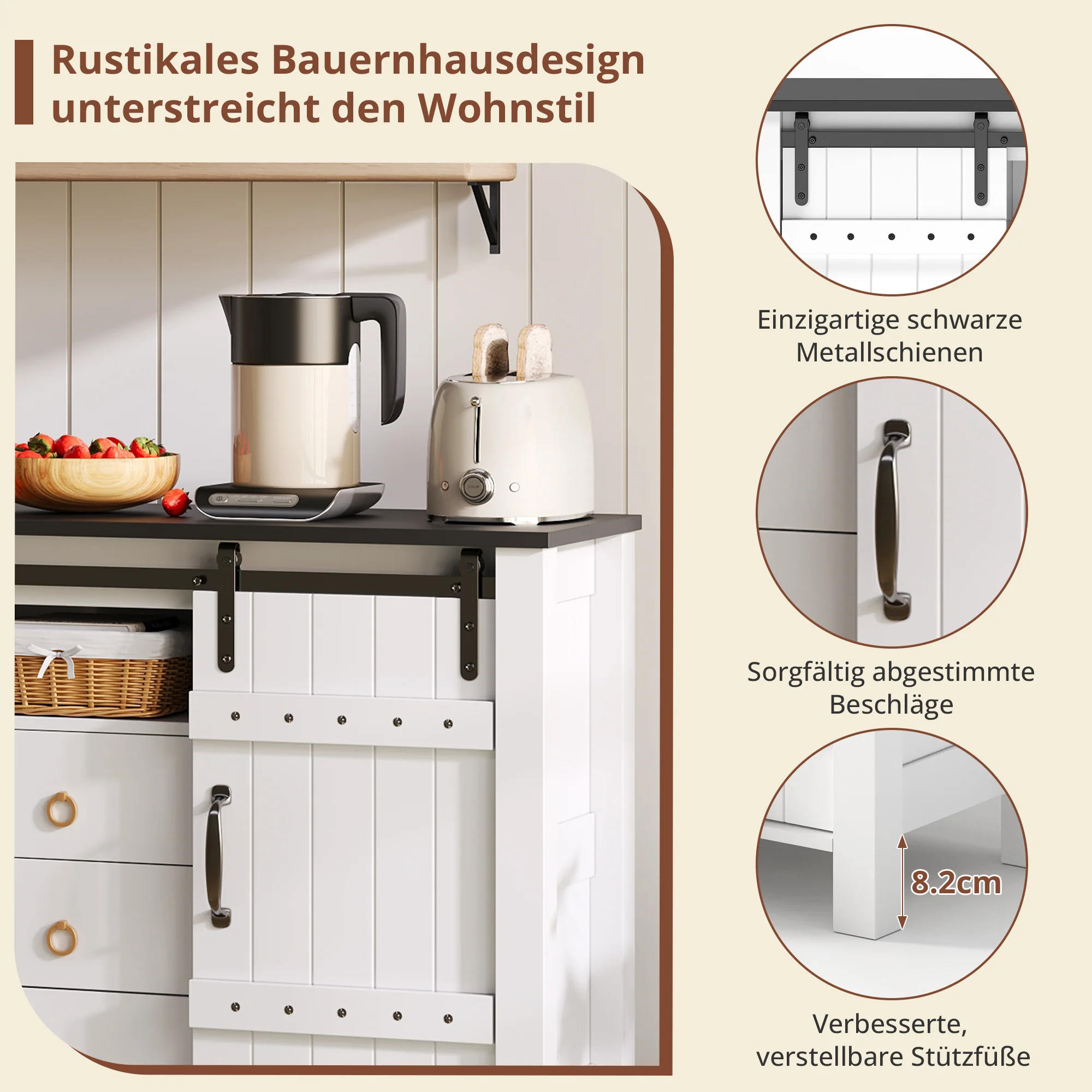 Sideboard Buffet 120cm Sliding Doors 3 Drawers - Rustic White - Image 4