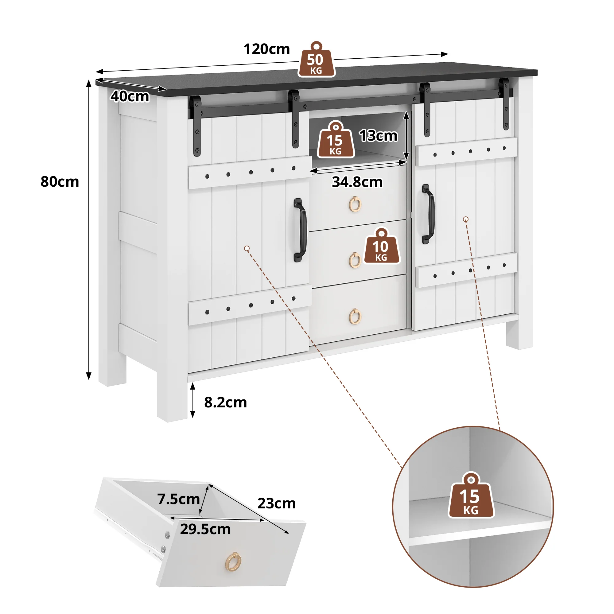 Sideboard Buffet 120cm Sliding Doors 3 Drawers - Rustic White - Image 5