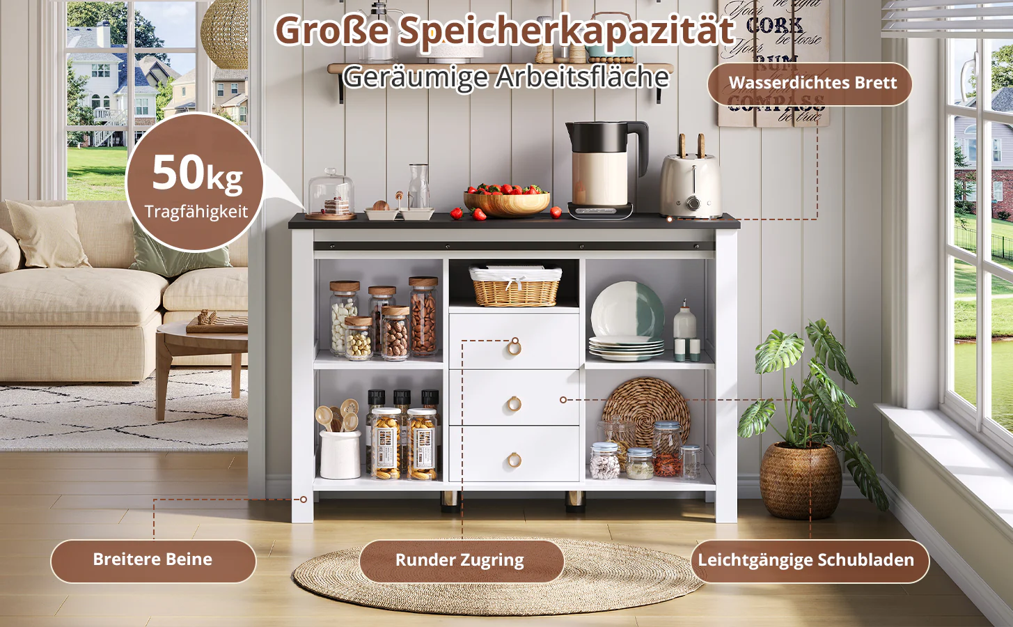 Sideboard Buffet 120cm Sliding Doors 3 Drawers - Rustic White - Image 6