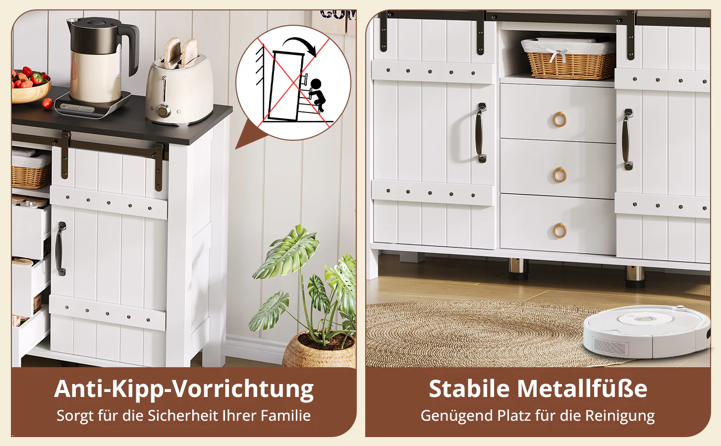 Sideboard Buffet 120cm Sliding Doors 3 Drawers - Rustic White - Image 7