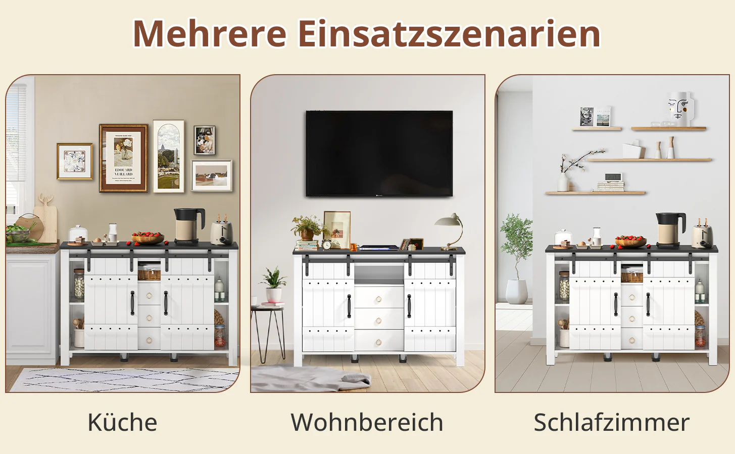 Sideboard Buffet 120cm Sliding Doors 3 Drawers - Rustic White - Image 8