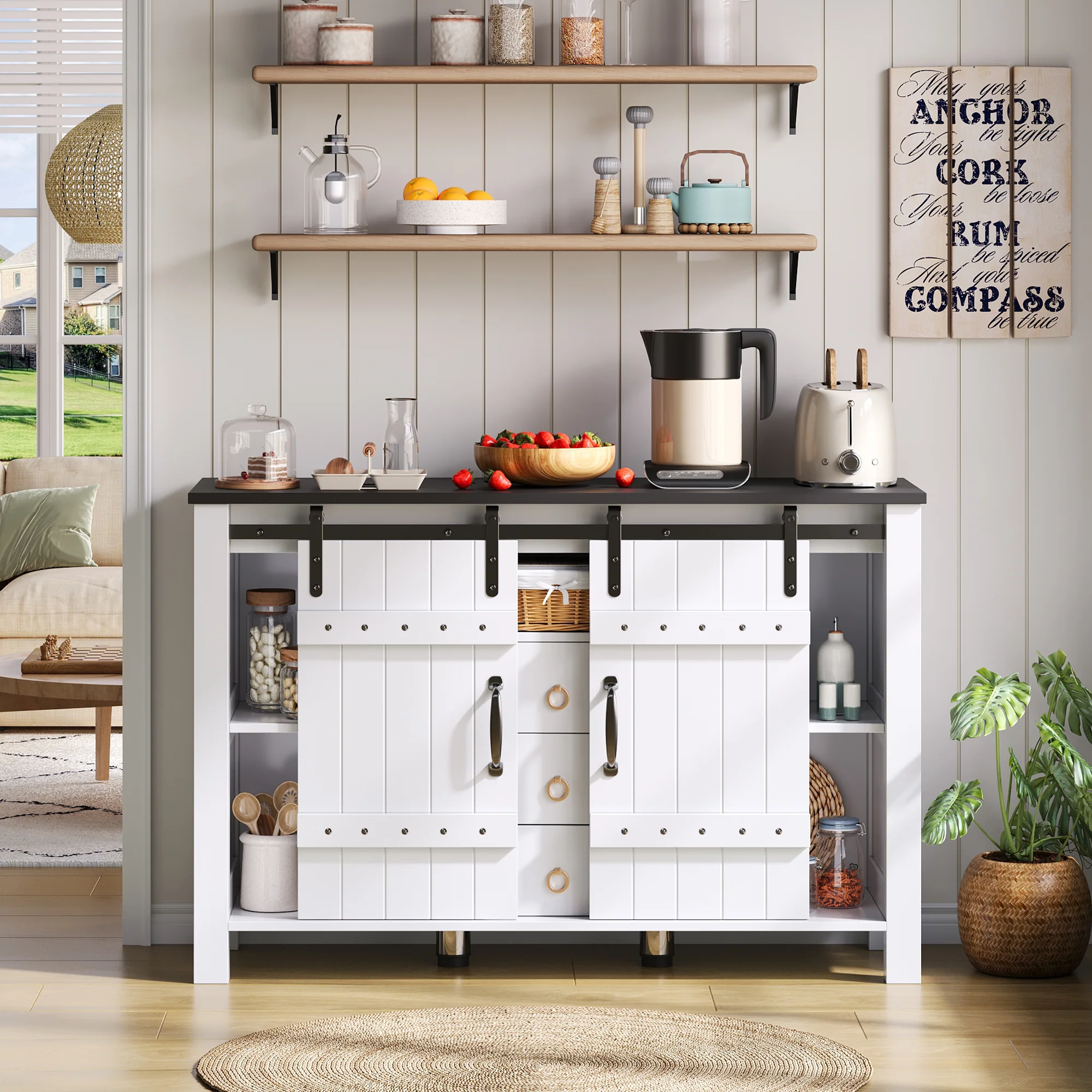 Sideboard Buffet 120cm Sliding Doors 3 Drawers - Rustic White - Image 9