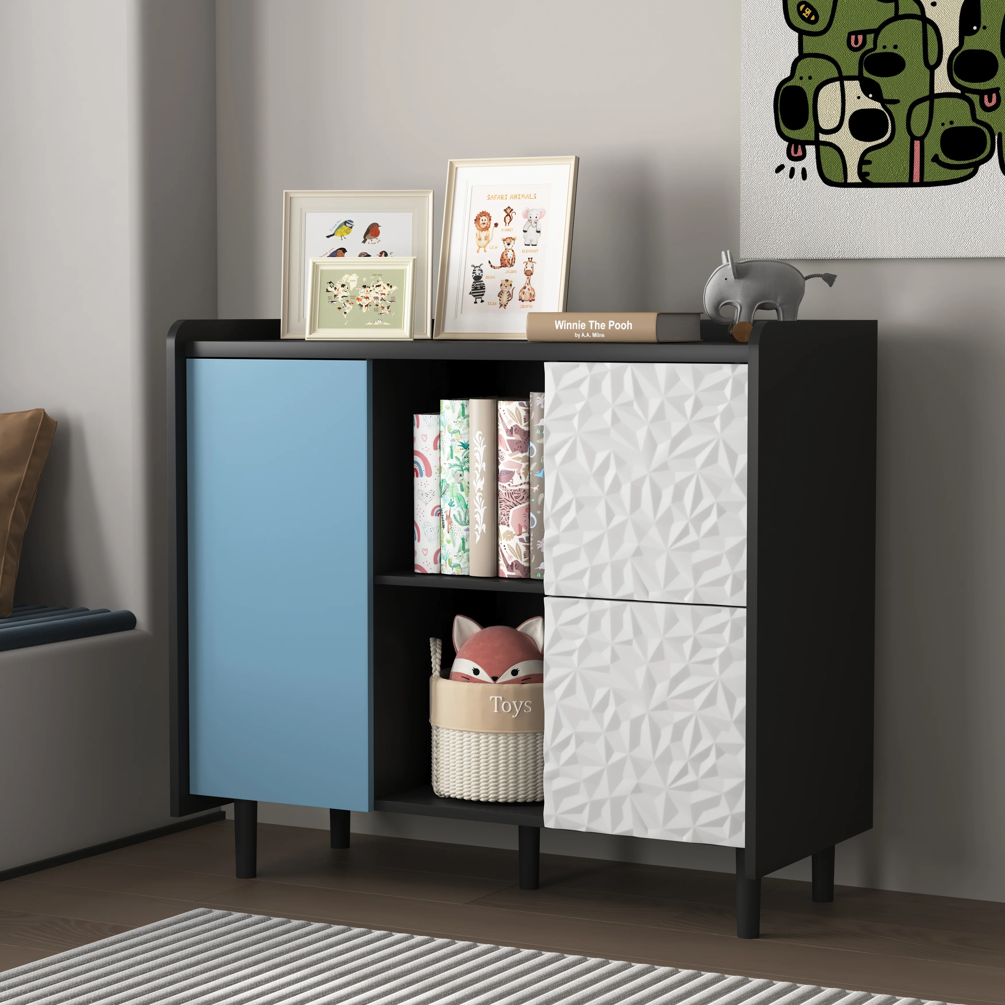 Sideboard Buffet Cabinet 2 Drawers 2 Open Storage - Black/Blue Doors - Image 10